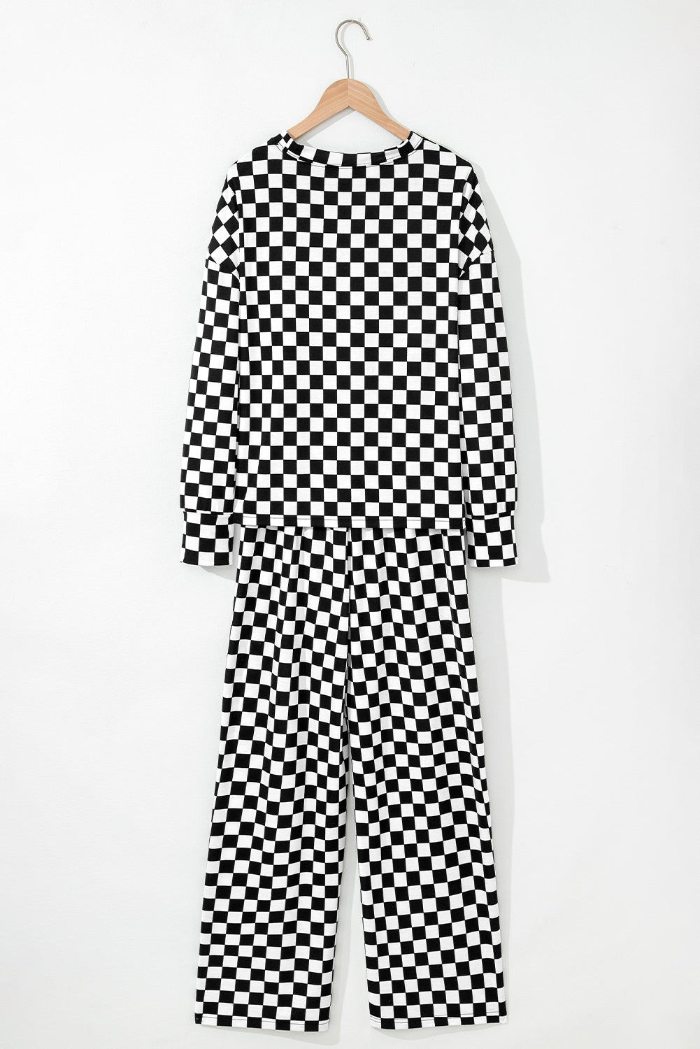 Black Checkered Print Long Sleeve Top and Pants Lounge Set-Loungewear & Sleepwear/Loungewear-[Adult]-[Female]-2022 Online Blue Zone Planet