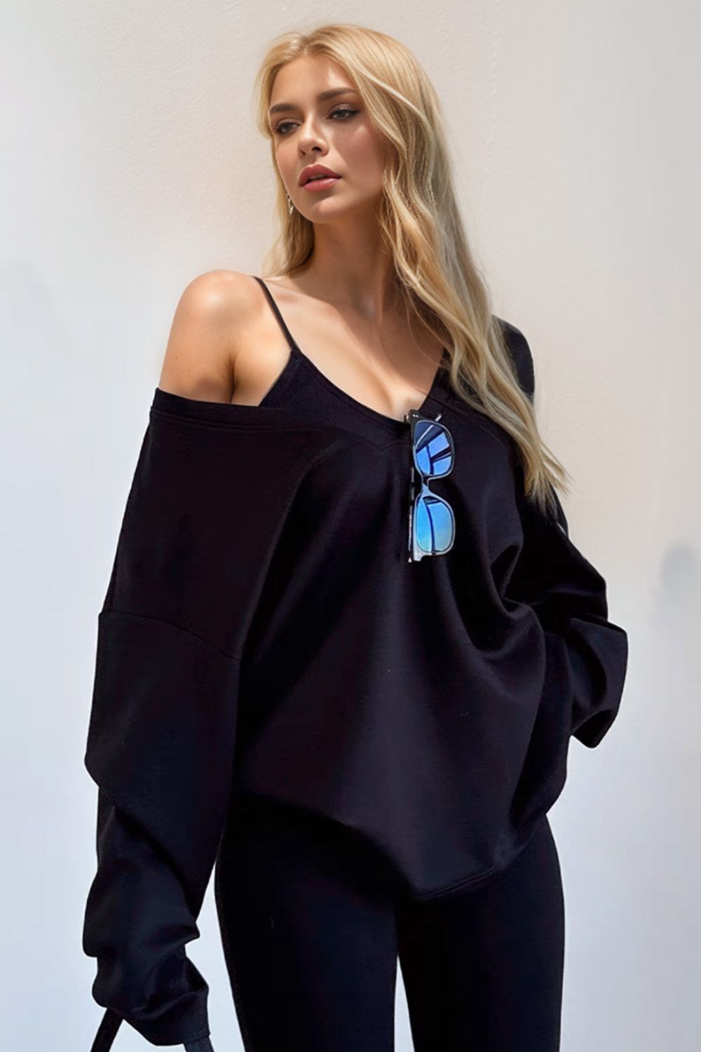 Basic Bae V-Neck Dropped Shoulder Long Sleeve Sweatshirt with Bra-TOPS / DRESSES-[Adult]-[Female]-Black-S-2022 Online Blue Zone Planet