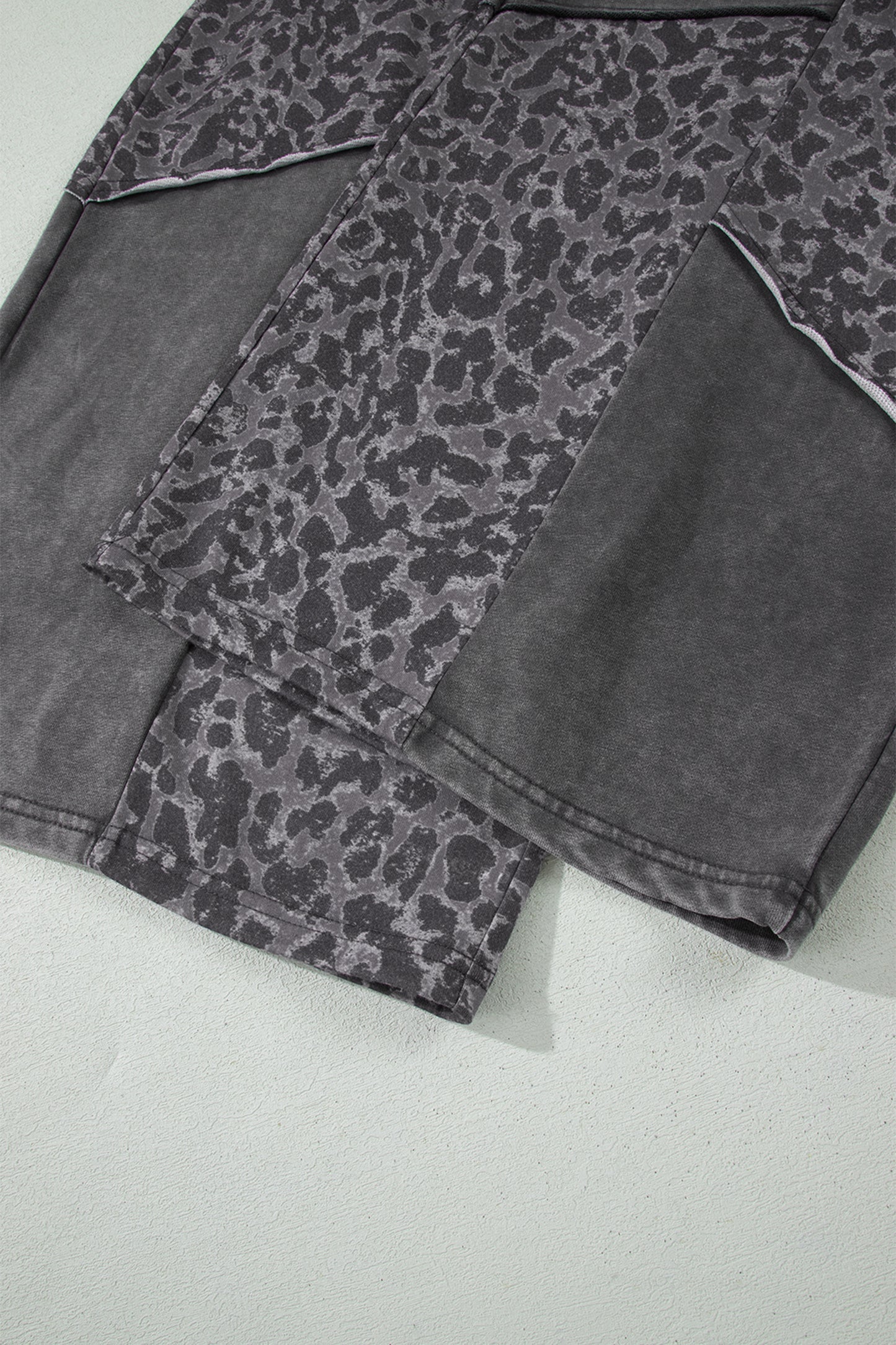 Dark Grey Plus Size Leopard Patchwork Mineral Wash Wide Leg Pants-Plus Size/Plus Size Bottoms-[Adult]-[Female]-2022 Online Blue Zone Planet