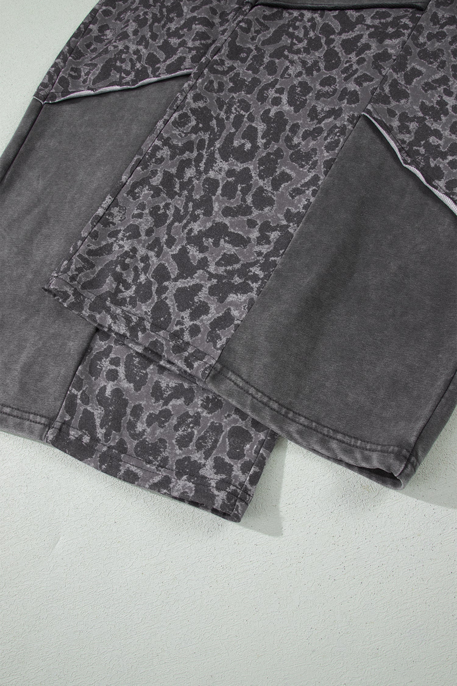 Dark Grey Plus Size Leopard Patchwork Mineral Wash Wide Leg Pants-Plus Size/Plus Size Bottoms-[Adult]-[Female]-2022 Online Blue Zone Planet