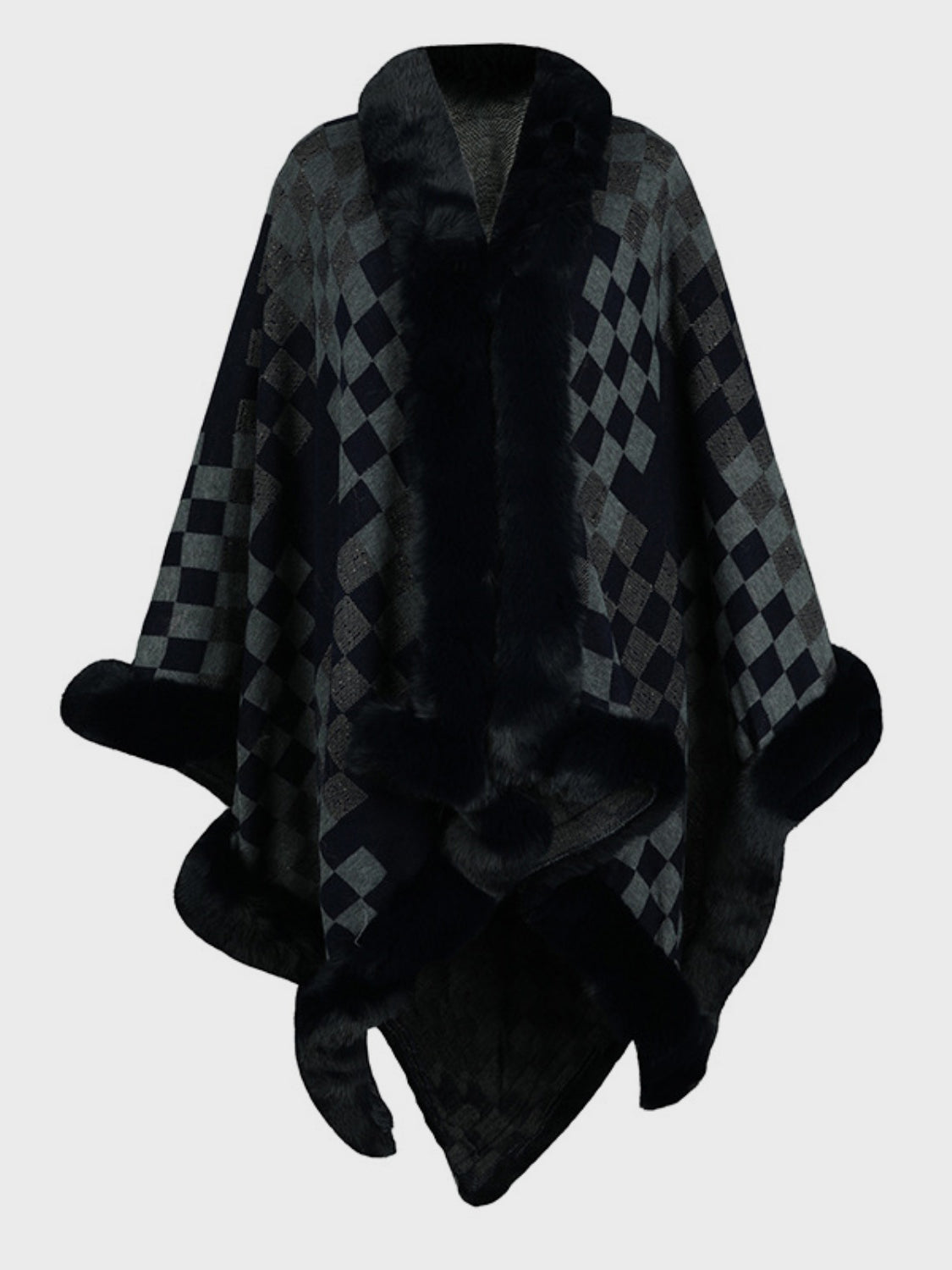 Fuzzy Checkered Long Sleeve Poncho-TOPS / DRESSES-[Adult]-[Female]-2022 Online Blue Zone Planet