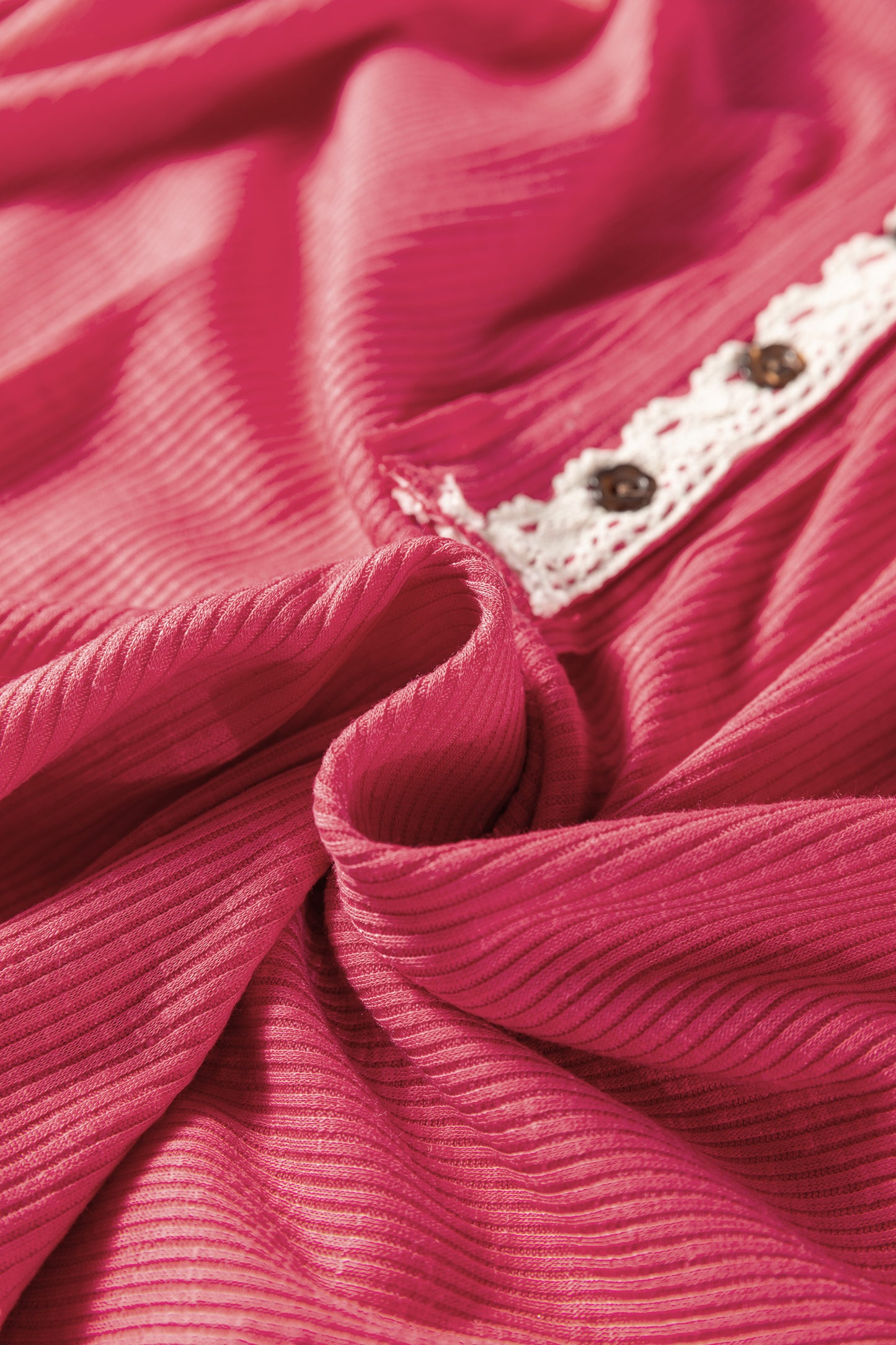 Racing Red Ribbed Texture Contrasted Lace Trim Button V Neck Long Sleeve Top-Tops/Long Sleeve Tops-[Adult]-[Female]-2022 Online Blue Zone Planet