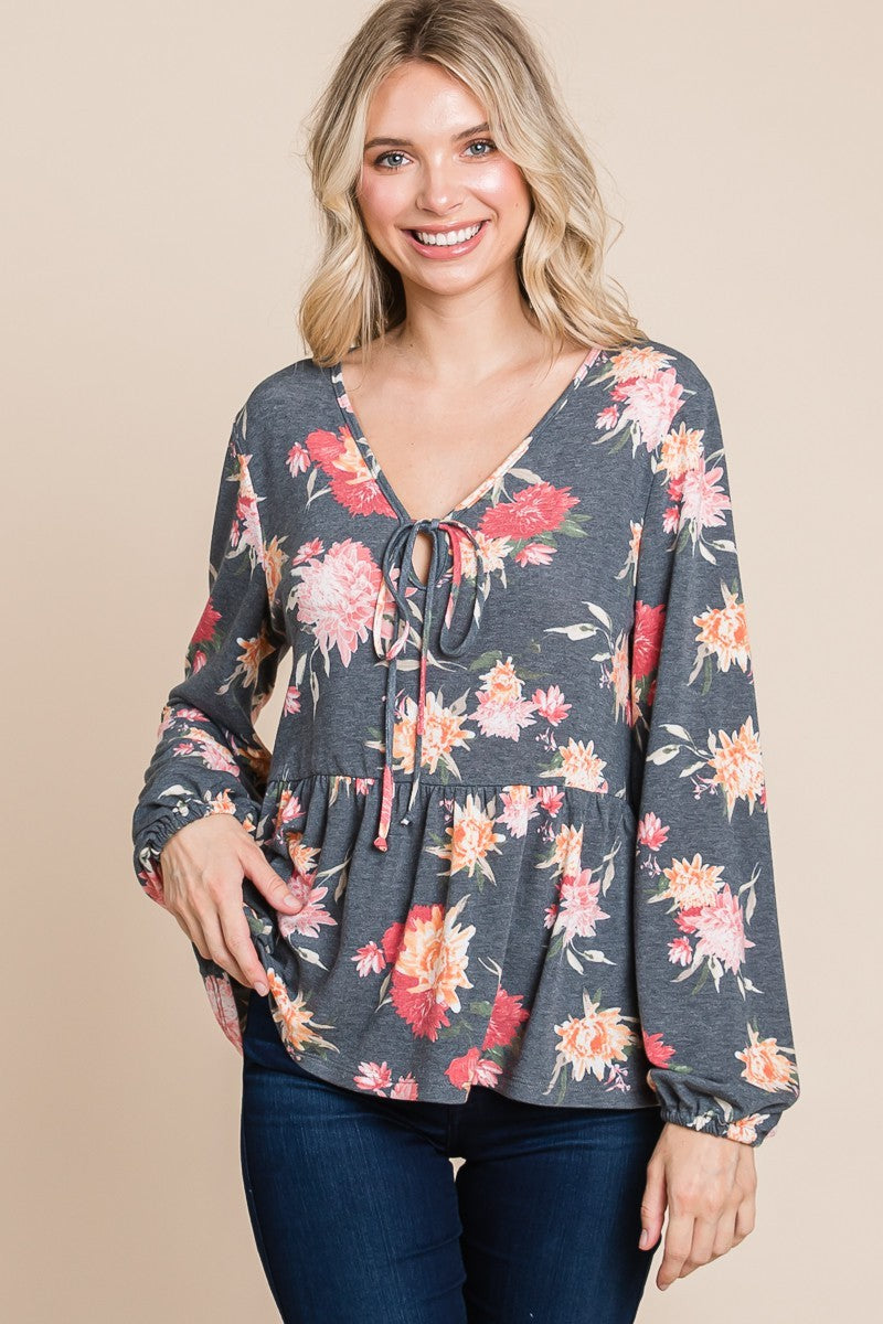 Super Lady Full Size Babydoll Floral Long Sleeve Blouse-TOPS / DRESSES-[Adult]-[Female]-2022 Online Blue Zone Planet