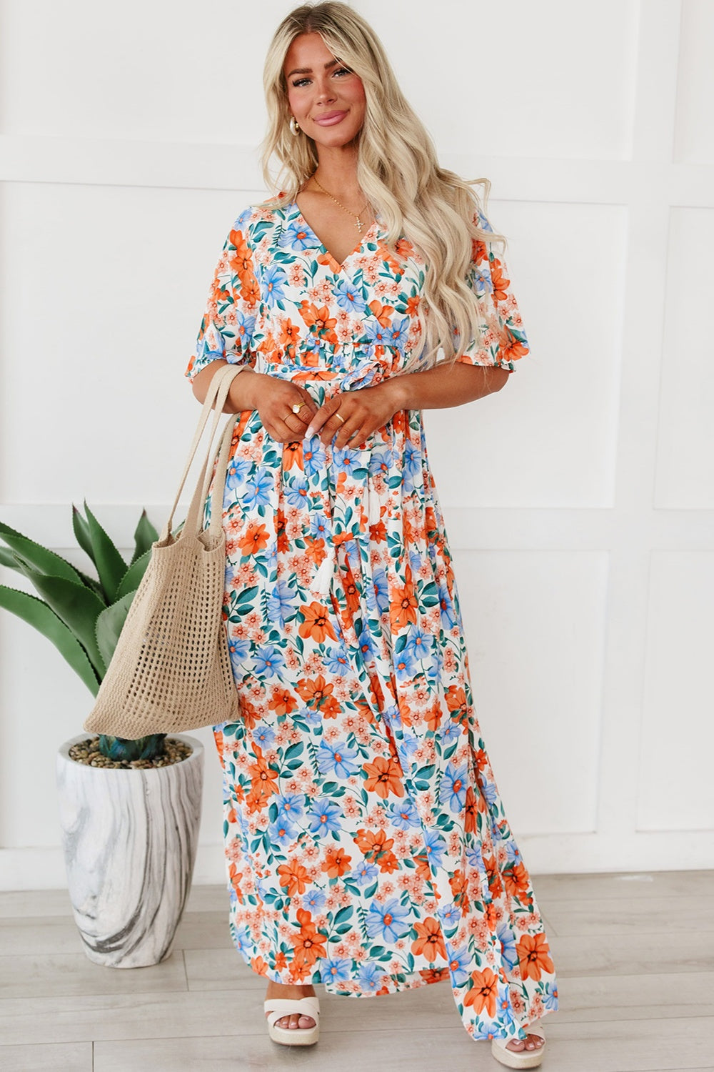 Tied Slit Printed Half Sleeve Maxi Dress-TOPS / DRESSES-[Adult]-[Female]-2022 Online Blue Zone Planet