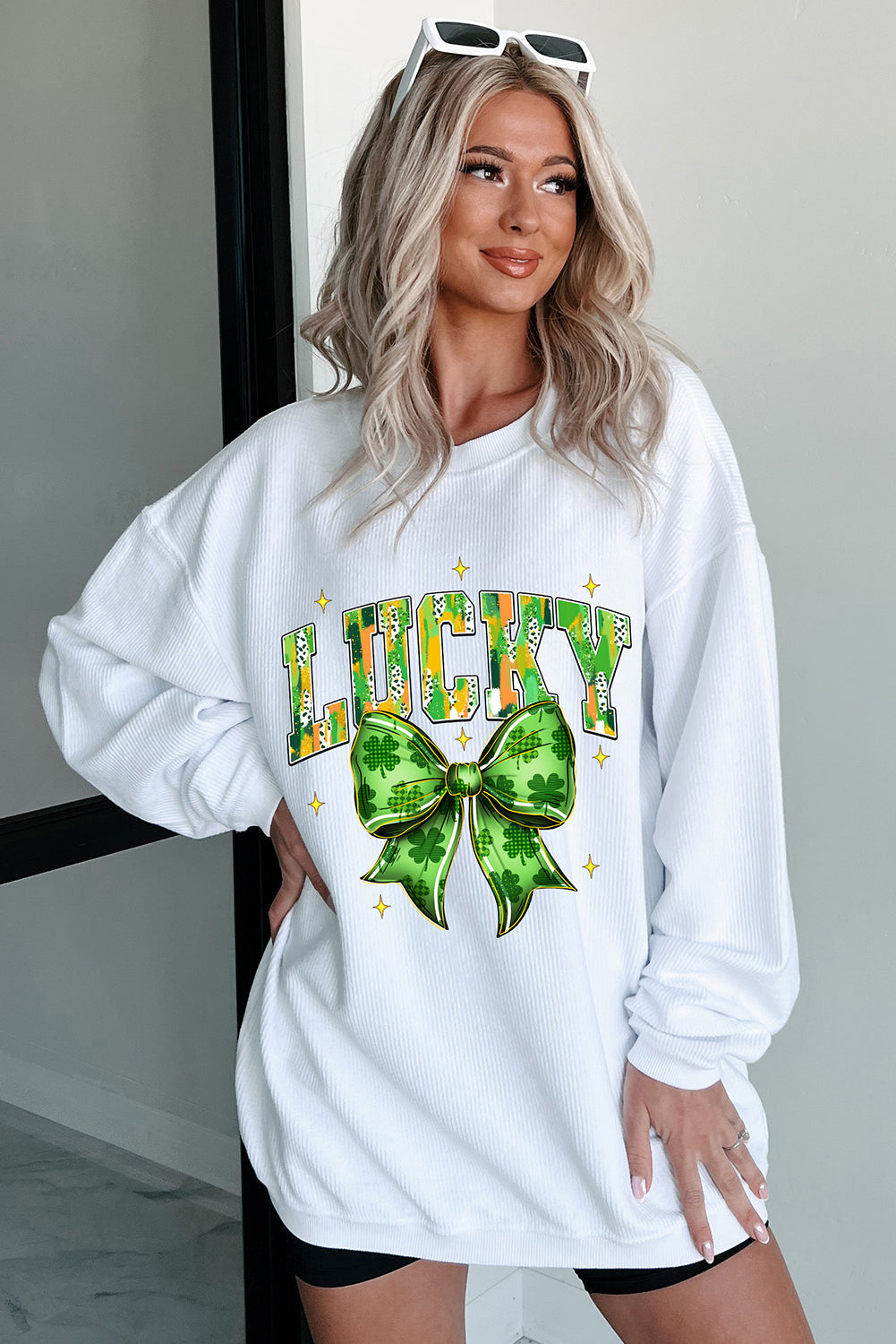 White LUCKY Clover Bow Printed St Patricks Corded Sweatshirt-Graphic Sweatshirts-[Adult]-[Female]-2022 Online Blue Zone Planet