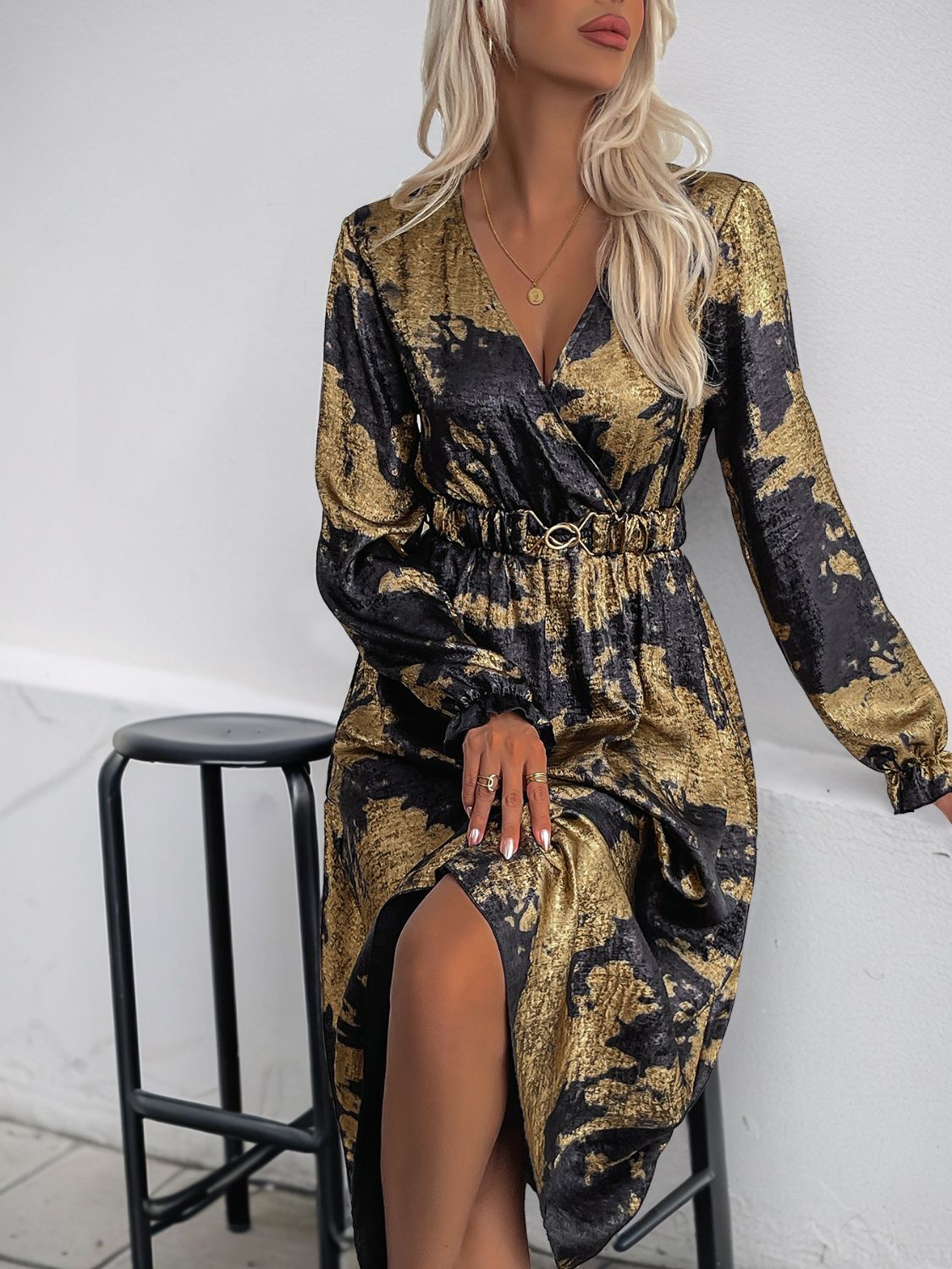 Perfee Printed Surplice Long Sleeve Midi Dress-TOPS / DRESSES-[Adult]-[Female]-2022 Online Blue Zone Planet