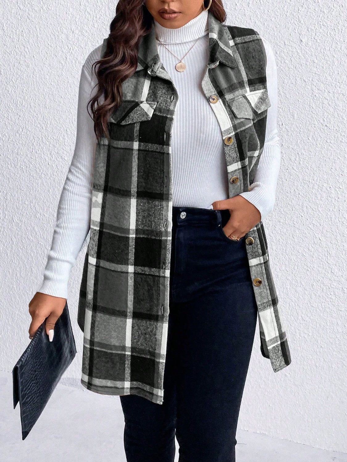 Honey Plus Size Pocketed Plaid Button Up Vest Coat-TOPS / DRESSES-[Adult]-[Female]-Black-1XL-2022 Online Blue Zone Planet