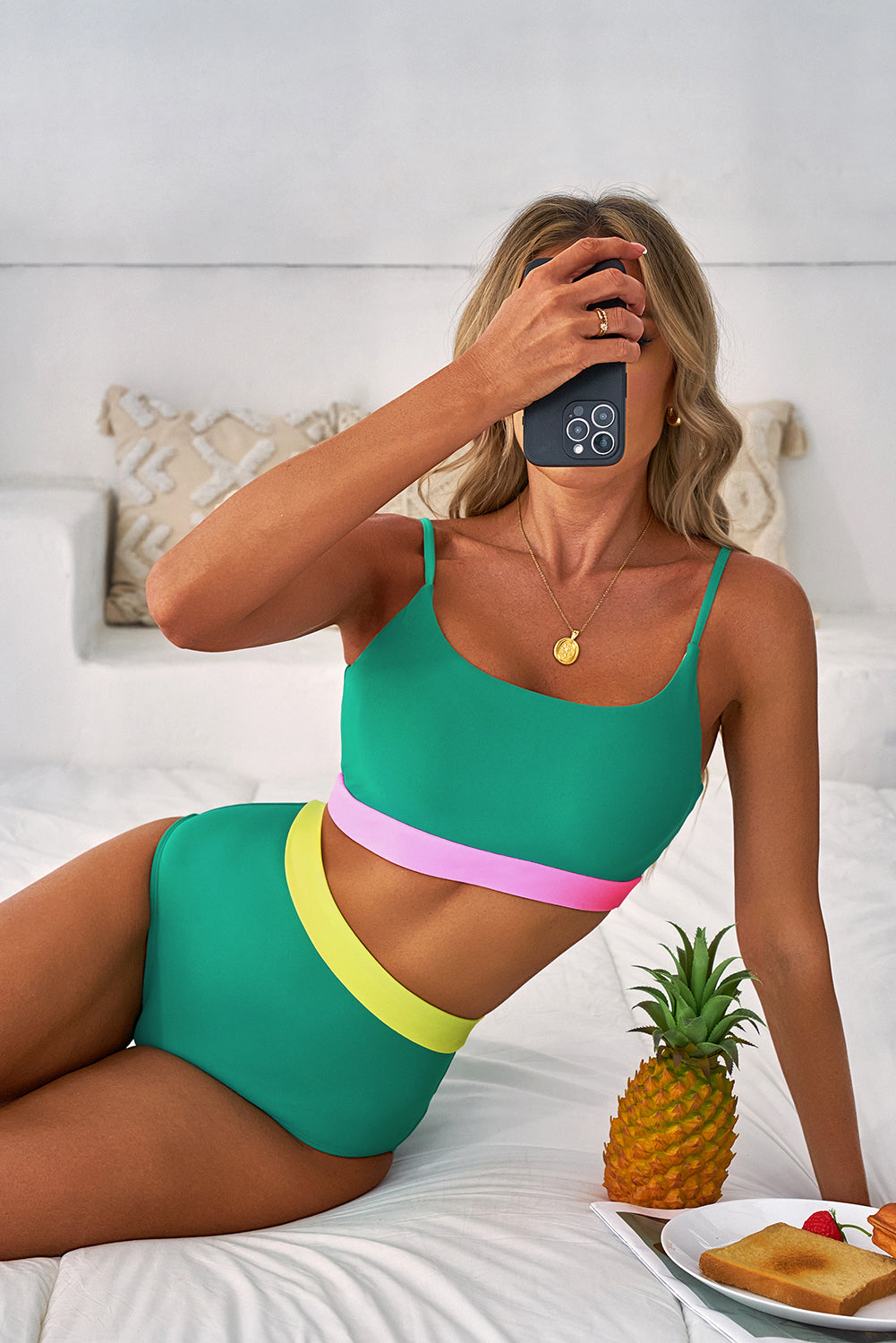 Sea Green Contrast Trim Colorblock Patchwork High Waisted Bikini-Swimwear/High Waisted Swimsuit-[Adult]-[Female]-2022 Online Blue Zone Planet