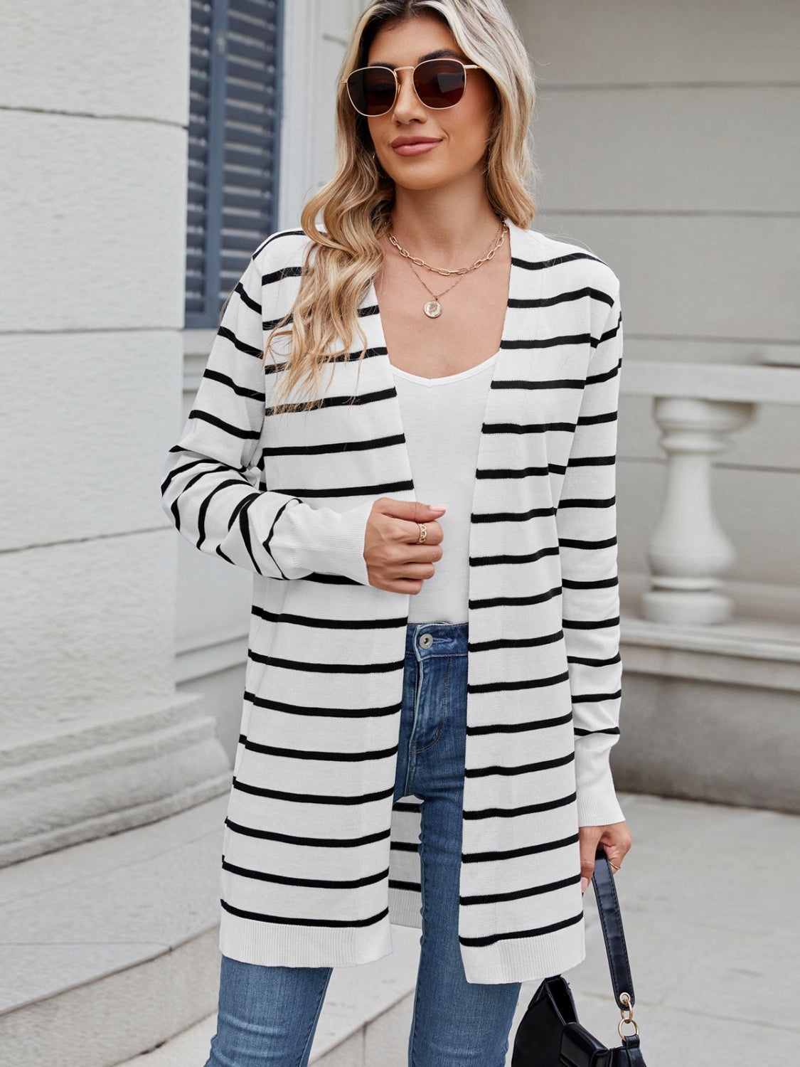 Open Front Long Sleeve Cardigan-TOPS / DRESSES-[Adult]-[Female]-Stripe-S-2022 Online Blue Zone Planet