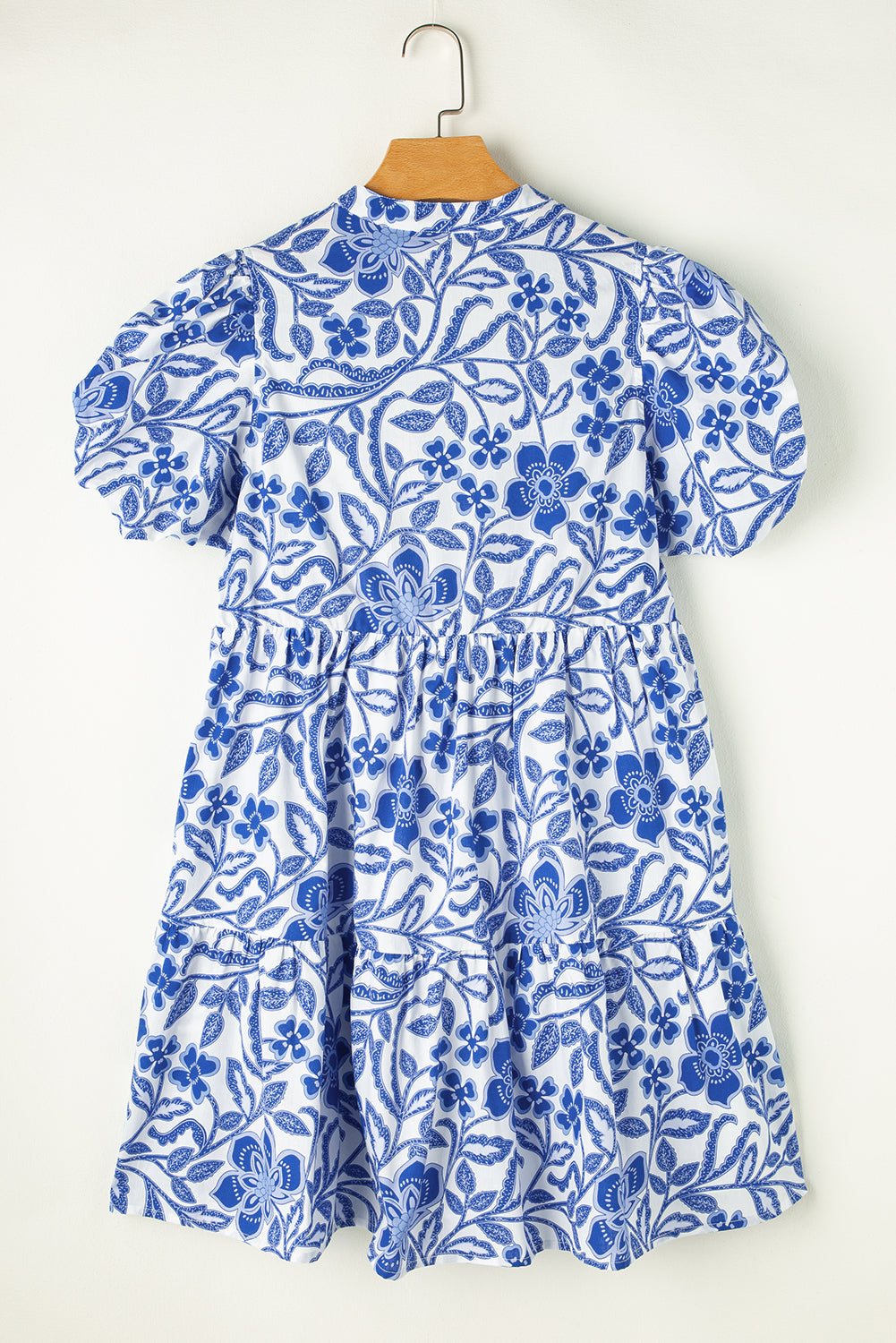 Blue Zone Planet | Blue Flower Print Puff Sleeve Tiered Dress-TOPS / DRESSES-[Adult]-[Female]-2022 Online Blue Zone Planet