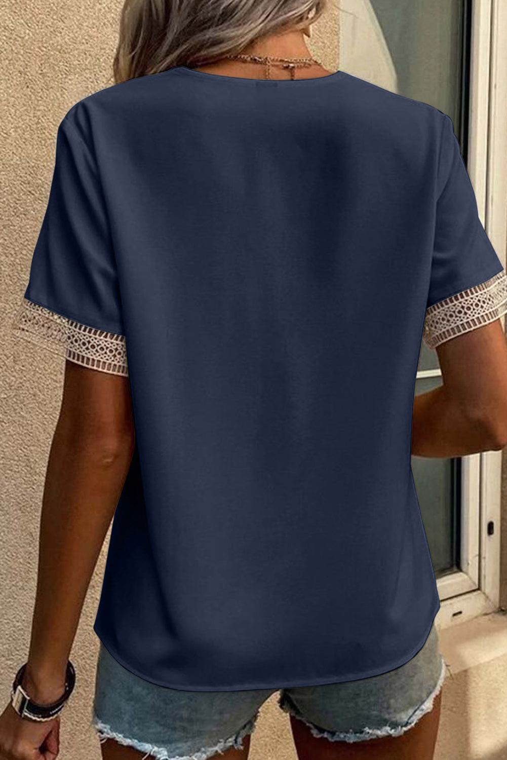Blue Lace Trim V Neck Short Sleeve Blouse-Tops/Blouses & Shirts-[Adult]-[Female]-2022 Online Blue Zone Planet