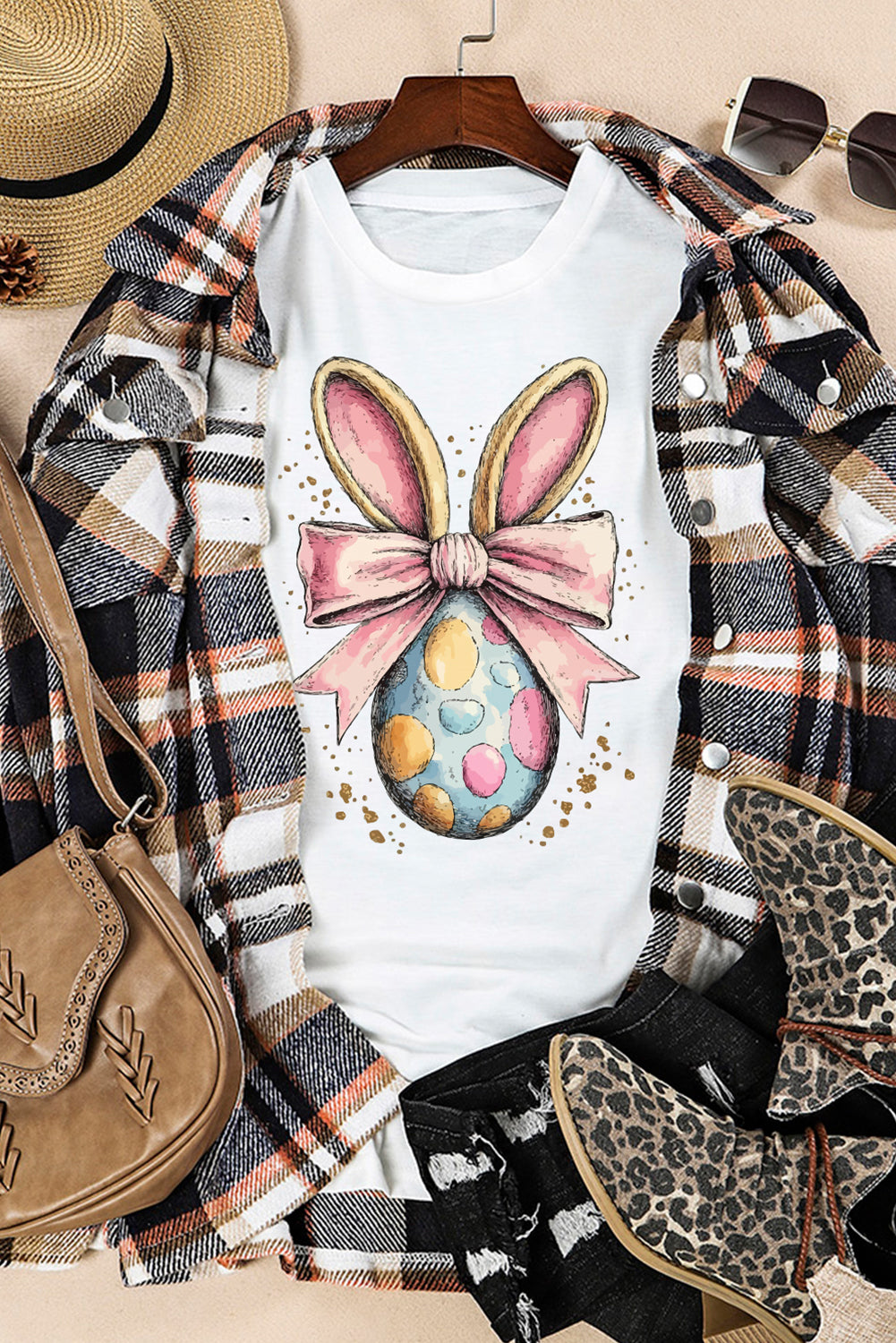 White Easter Egg Bow Bunny Ear Printed T Shirt-Graphic/Graphic Tees-[Adult]-[Female]-2022 Online Blue Zone Planet