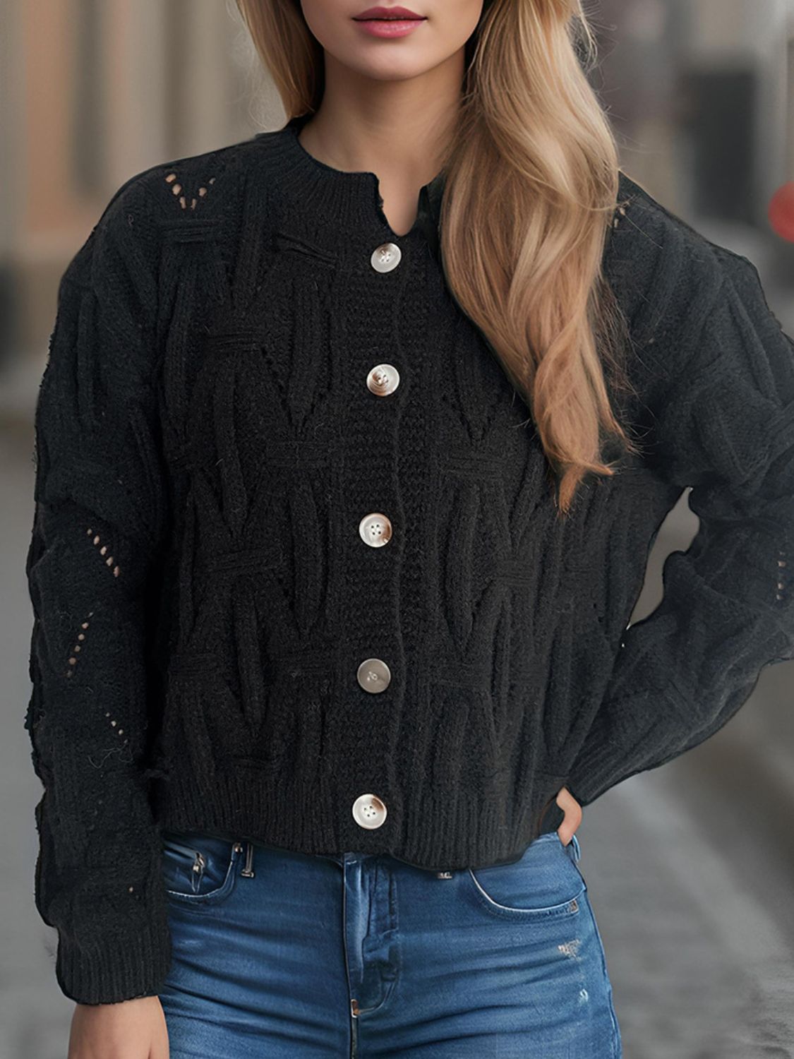 Openwork Round Neck Long Sleeve Cardigan-NEW ARRIVALS-[Adult]-[Female]-Black-One Size-2022 Online Blue Zone Planet