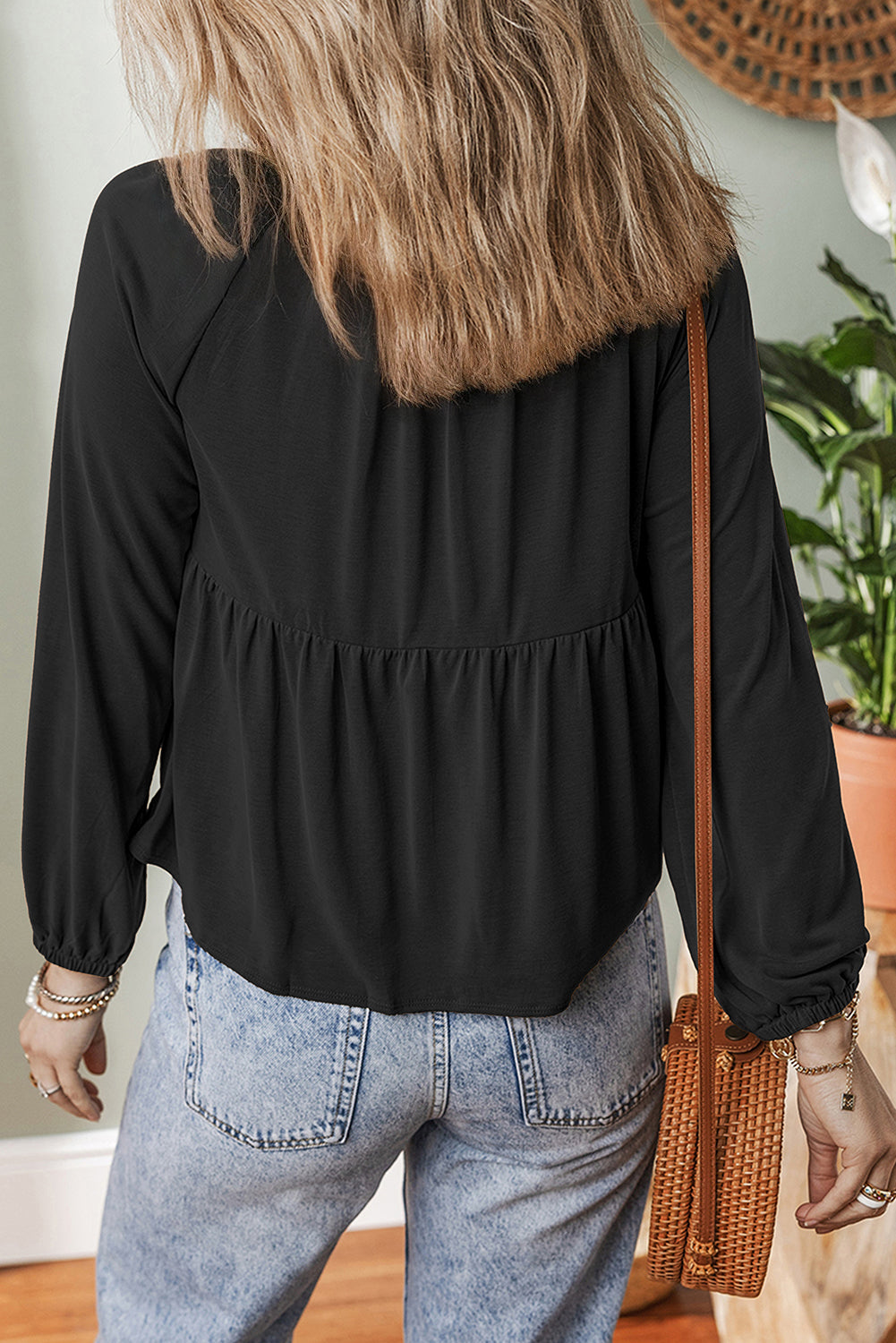 Black Smocked Bust Buttoned Split V Neck Flow Fit Blouse-Tops/Blouses & Shirts-[Adult]-[Female]-2022 Online Blue Zone Planet
