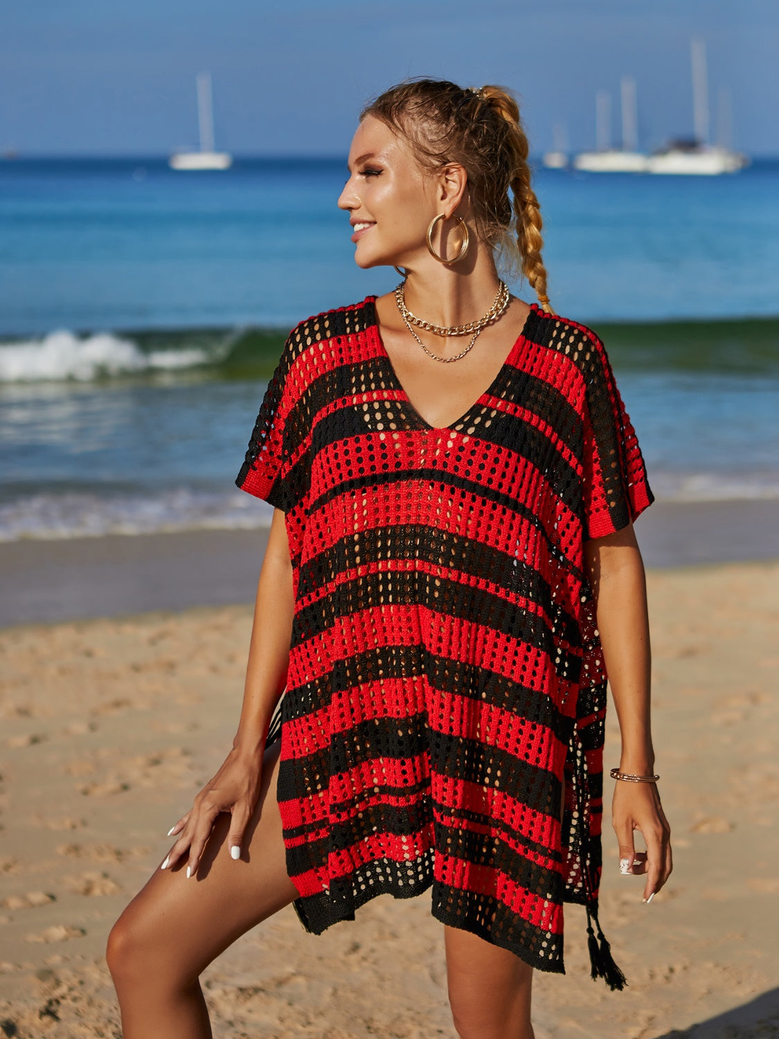 Blue Zone Planet | Tassel Openwork Striped V-Neck Cover Up-TOPS / DRESSES-[Adult]-[Female]-2022 Online Blue Zone Planet