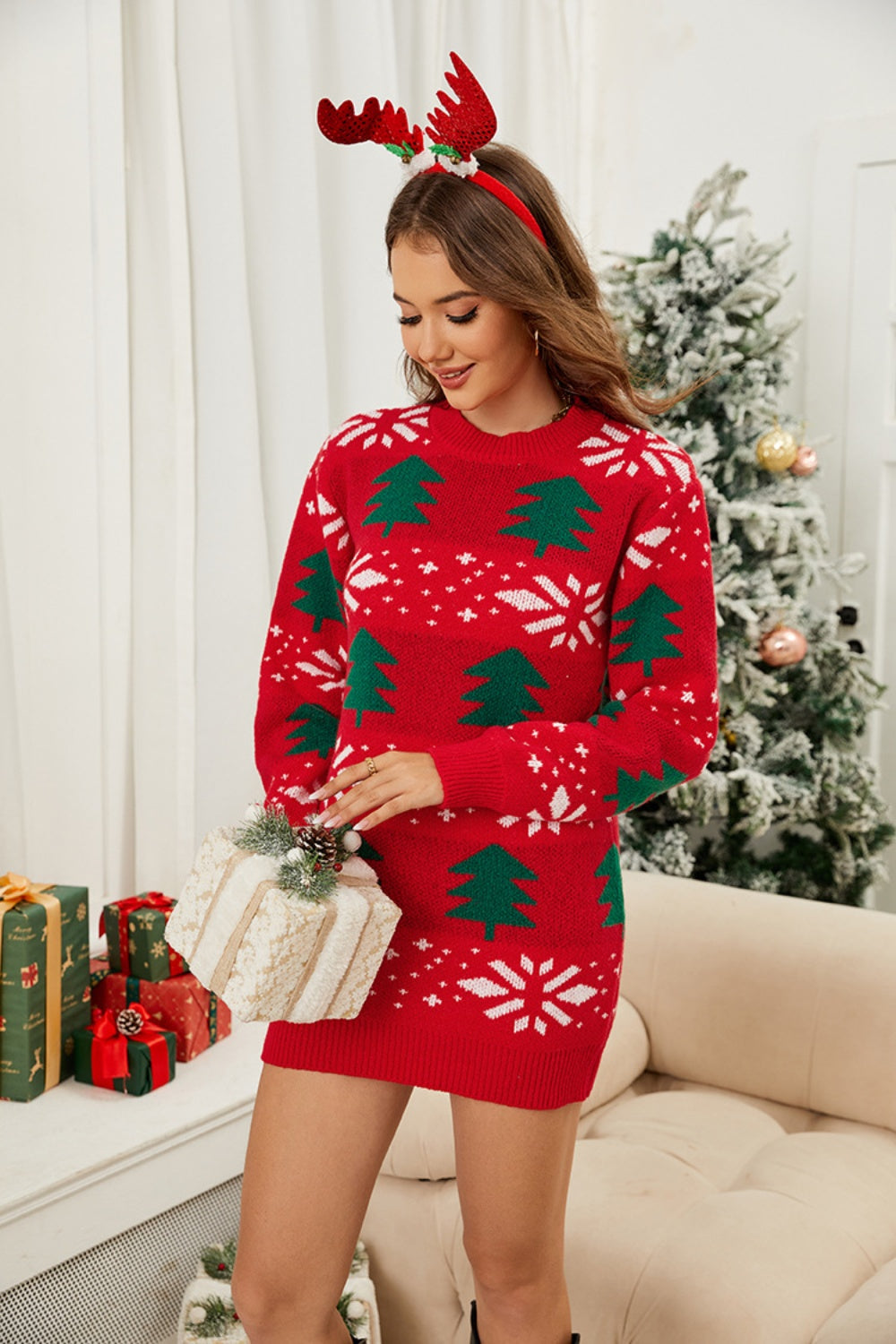 Blue Zone Planet | Christmas Tree Round Neck Sweater Dress-TOPS / DRESSES-[Adult]-[Female]-2022 Online Blue Zone Planet