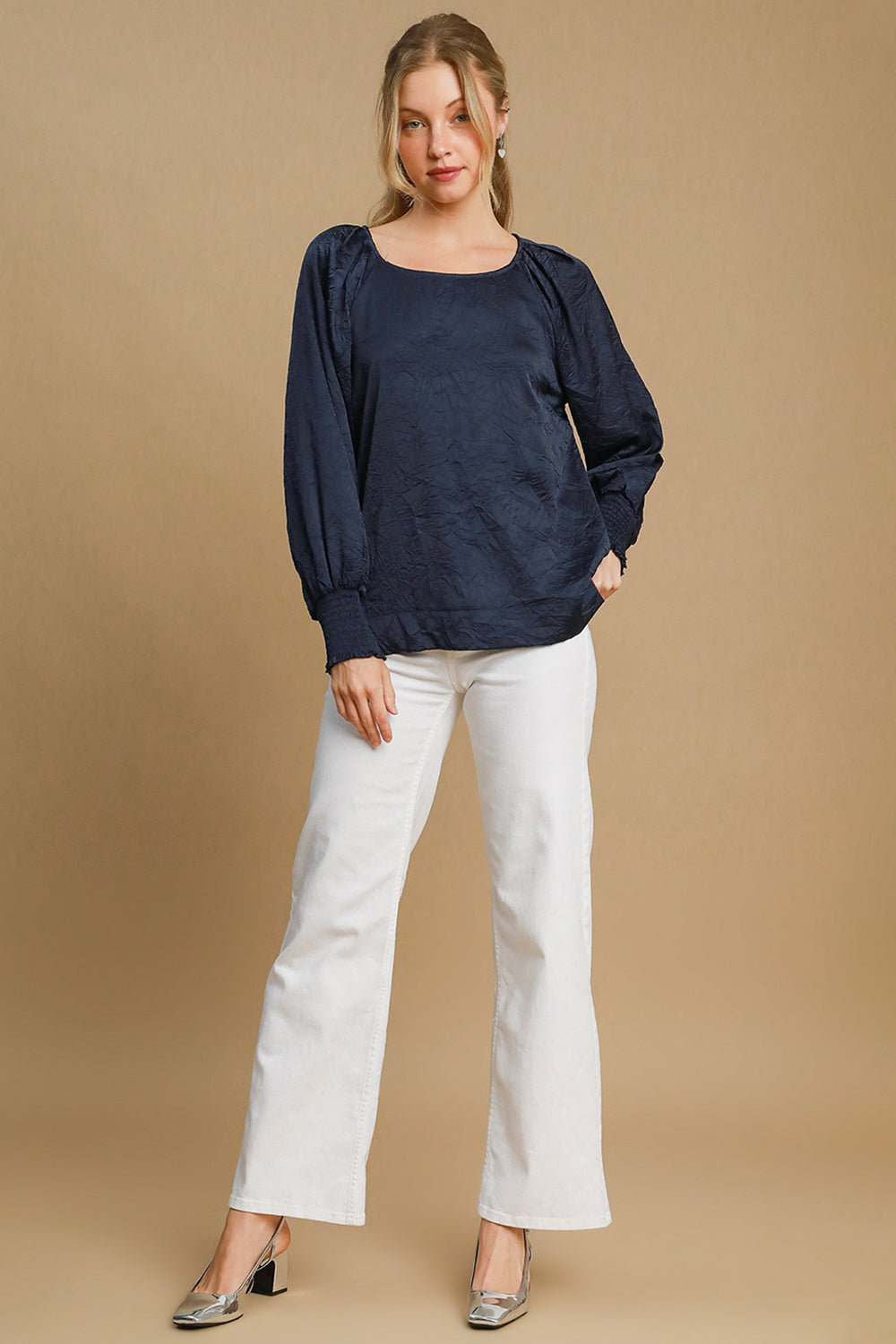 Umgee Wrinkled Round Neck Lantern Sleeve Blouse-TOPS / DRESSES-[Adult]-[Female]-2022 Online Blue Zone Planet