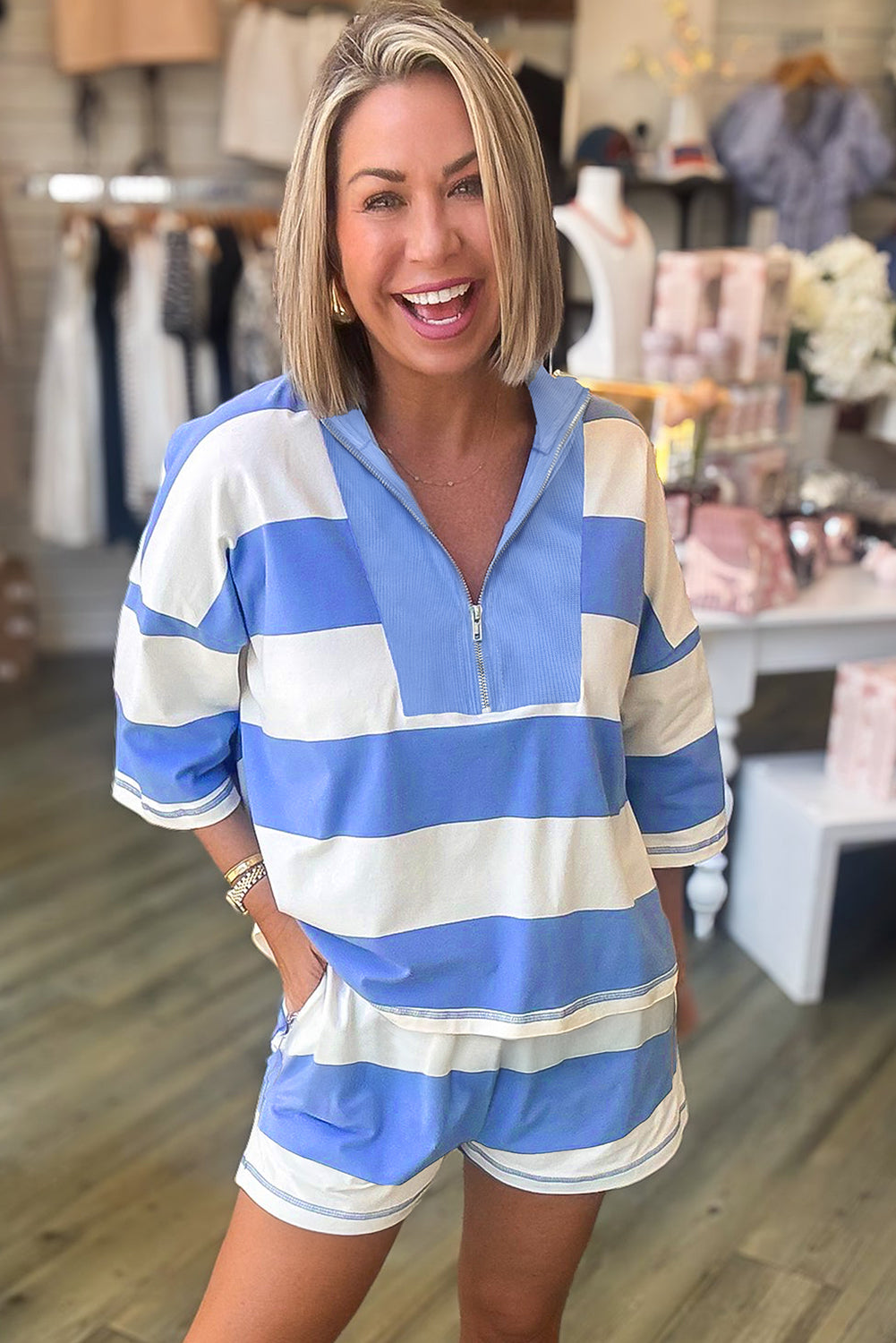 Sky Blue Stripe Seam Detail Half Zip Oversize Tee Casual Shorts 2pcs Set-Two Piece Sets/Short Sets-[Adult]-[Female]-2022 Online Blue Zone Planet