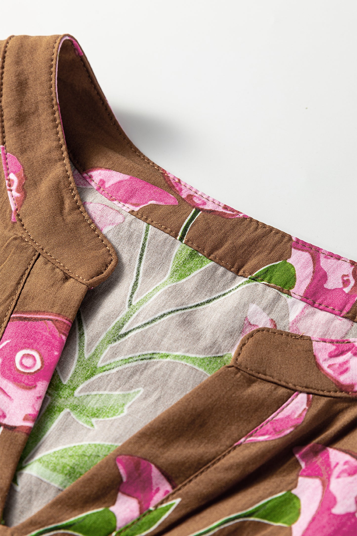 Brown Contrast Floral Print Babydoll Tunic Ruffled Hem Puff Sleeve Dress-TOPS / DRESSES-[Adult]-[Female]-2022 Online Blue Zone Planet