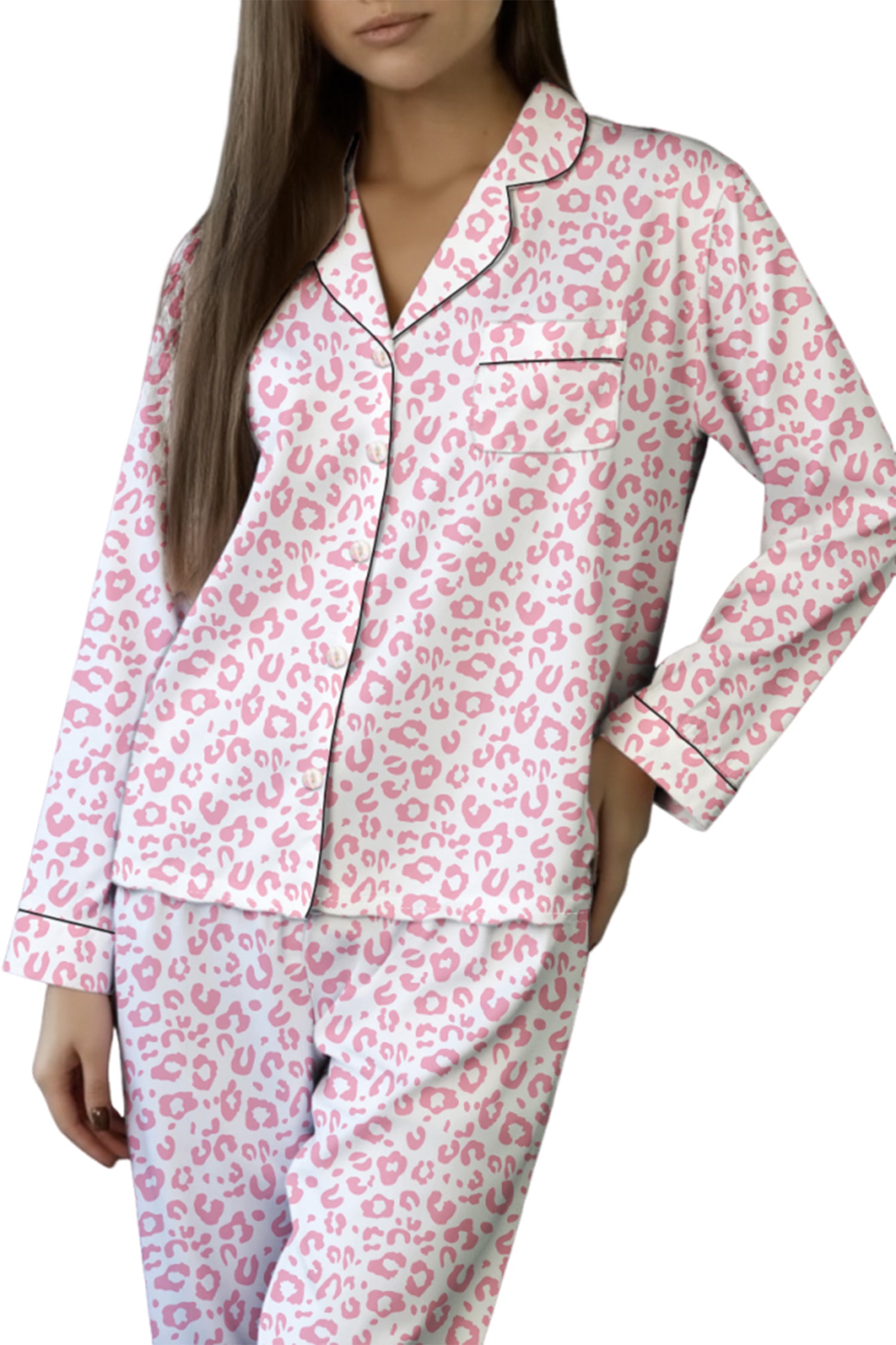 Pink Leopard Print 2cps Long Pajama Set-Loungewear & Sleepwear/Loungewear-[Adult]-[Female]-2022 Online Blue Zone Planet