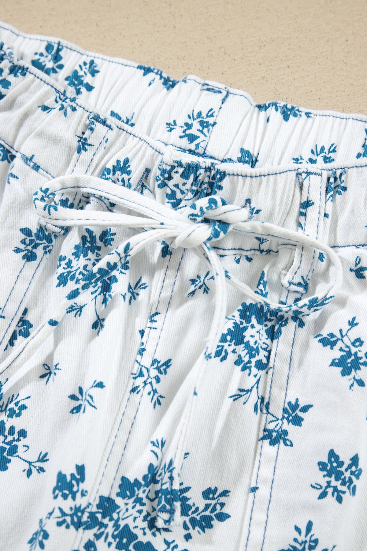 Sky Blue Floral Print Tie Waist Straight Leg Jeans-Bottoms/Jeans-[Adult]-[Female]-2022 Online Blue Zone Planet