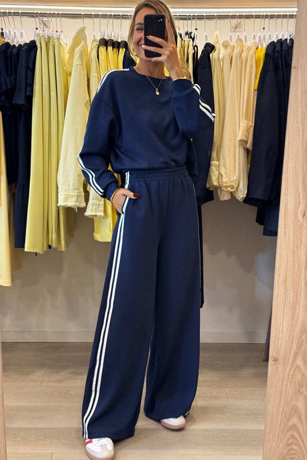 Dirty blue Varsity Striped Detail Crewneck Pullover Elastic Sweatpants 2pcs Outfit-Two Piece Sets/Pant Sets-[Adult]-[Female]-2022 Online Blue Zone Planet