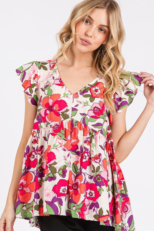 Mittoshop Floral V-Neck Ruffled Cap Sleeve Blouse-TOPS / DRESSES-[Adult]-[Female]-2022 Online Blue Zone Planet