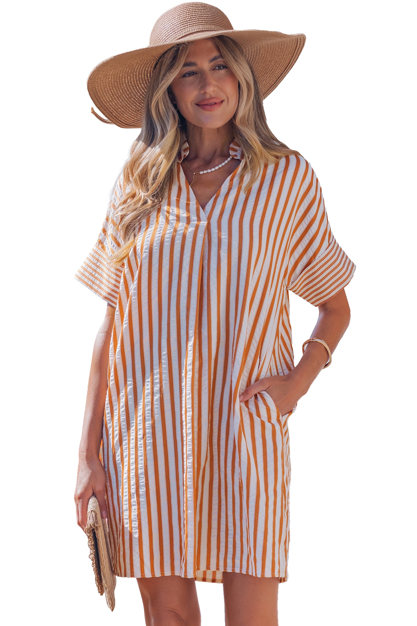 Brown Stripe Pinched V Neck Turn-up Cuffs Shift Mini Dress-TOPS / DRESSES-[Adult]-[Female]-2022 Online Blue Zone Planet