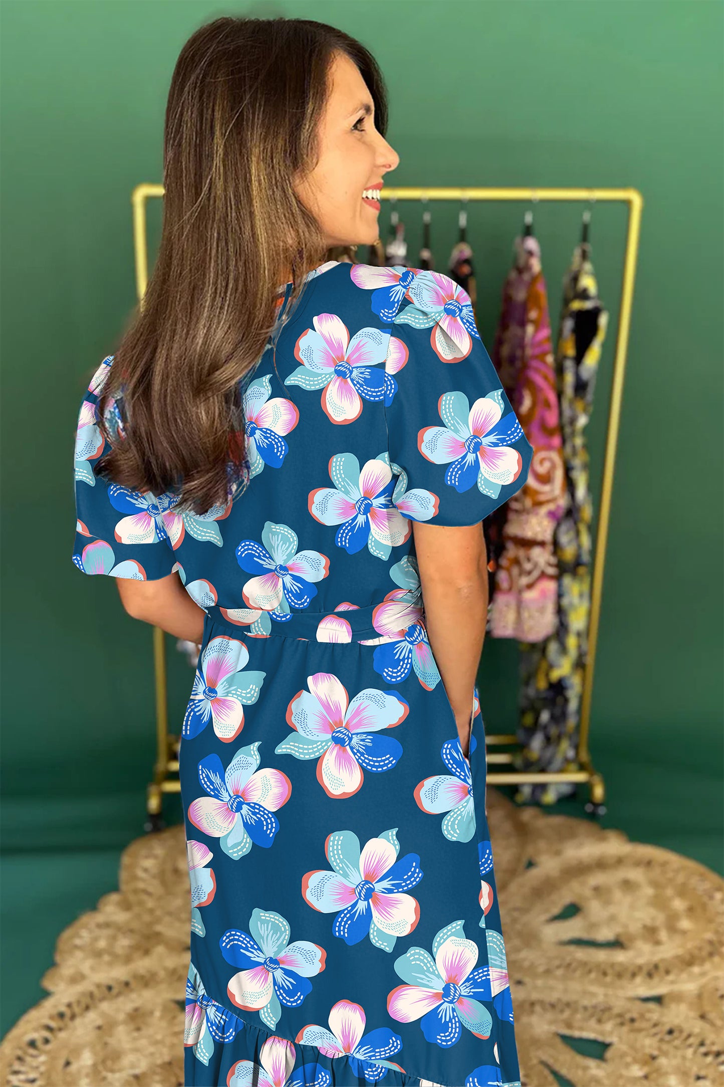 Blue Floral Print Short Puff Sleeve Ruffle Hem Belted Long Dress-Dresses/Floral Dresses-[Adult]-[Female]-2022 Online Blue Zone Planet