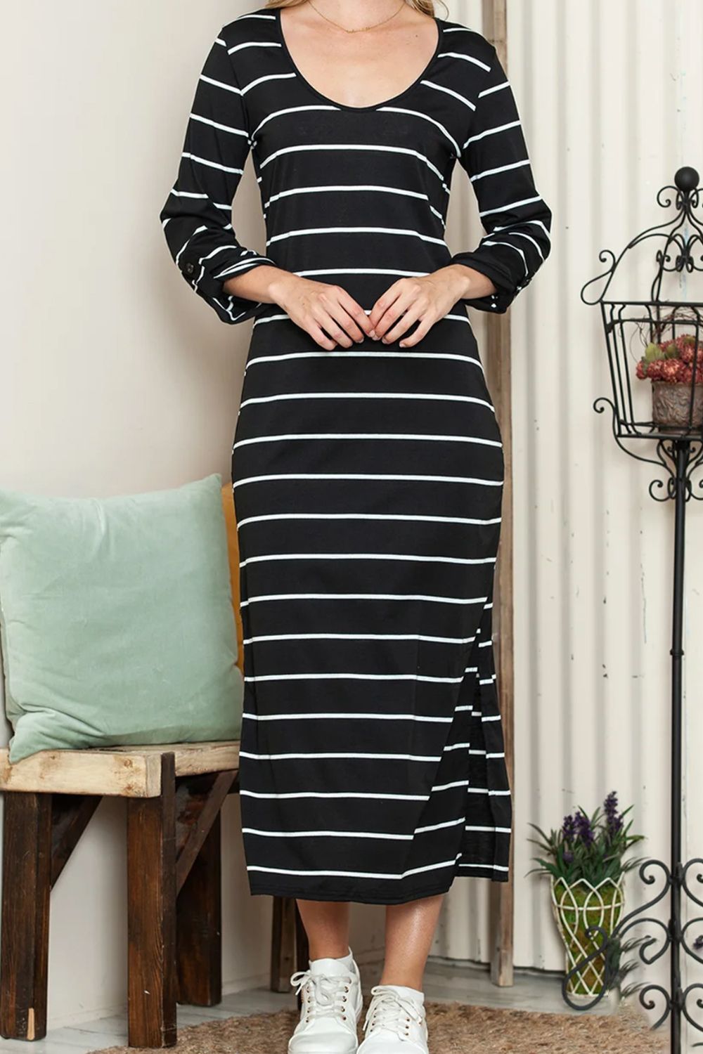 Slit Striped Scoop Neck Long Sleeve Midi Tee Dress-TOPS / DRESSES-[Adult]-[Female]-2022 Online Blue Zone Planet