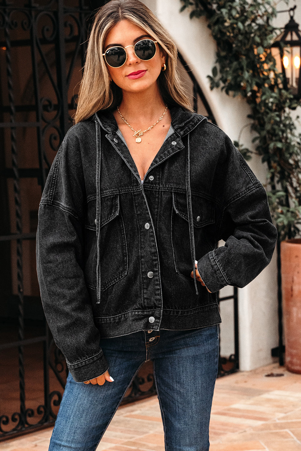 Black Big Chest Pocket Drop Shoulder Hooded Denim Jacket-Tops / Dresses-[Adult]-[Female]-2022 Online Blue Zone Planet