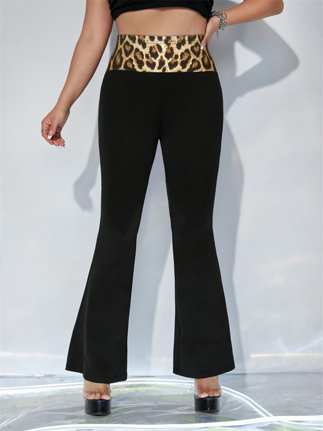 Blue Zone Planet | Leopard High Waist Flare Pants-BOTTOM SIZES SMALL MEDIUM LARGE-[Adult]-[Female]-2022 Online Blue Zone Planet