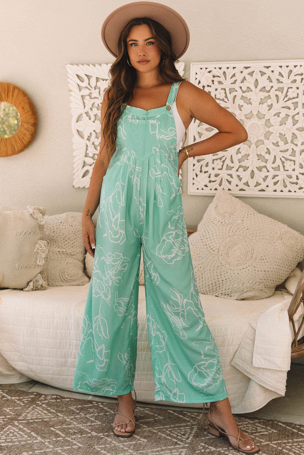 Blue Zone Planet | Moonlight Jade Printed Bib Wide Leg Overalls-TOPS / DRESSES-[Adult]-[Female]-2022 Online Blue Zone Planet