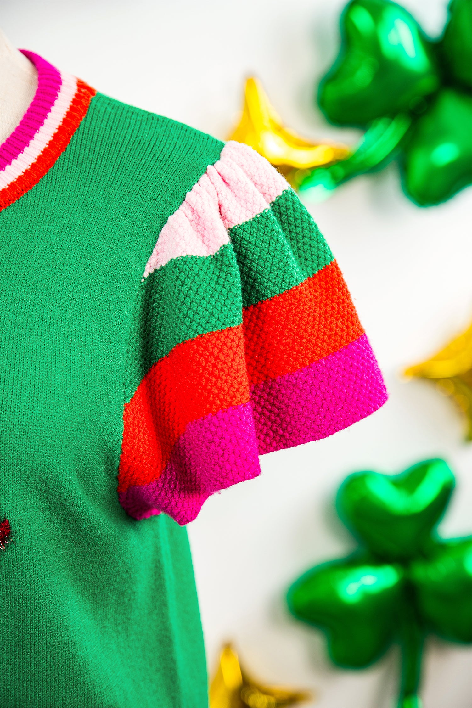 Bright Green Shiny Lucky Striped Flutter Sleeve Round Neck Sweater-TOPS / DRESSES-[Adult]-[Female]-2022 Online Blue Zone Planet