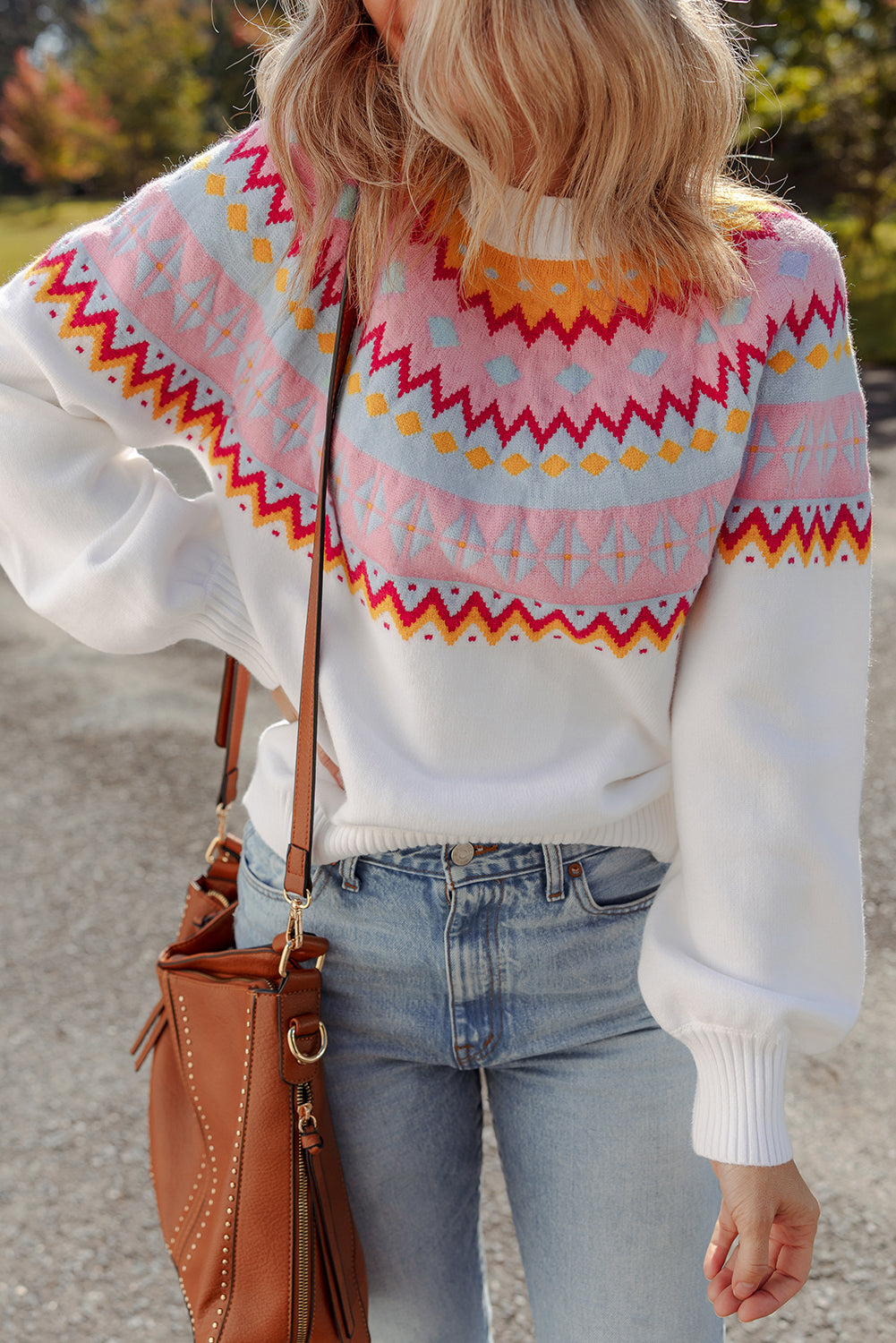 White Ethnic Geometric Colorblock Print Drop Shoulder Sweater-Sweaters & Cardigans/Sweaters-[Adult]-[Female]-2022 Online Blue Zone Planet