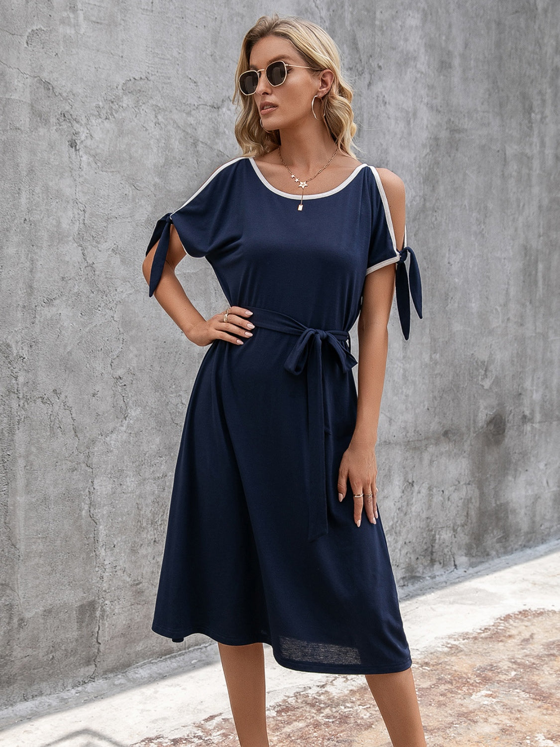 Round Neck Cold Shoulder Dress-TOPS / DRESSES-[Adult]-[Female]-2022 Online Blue Zone Planet