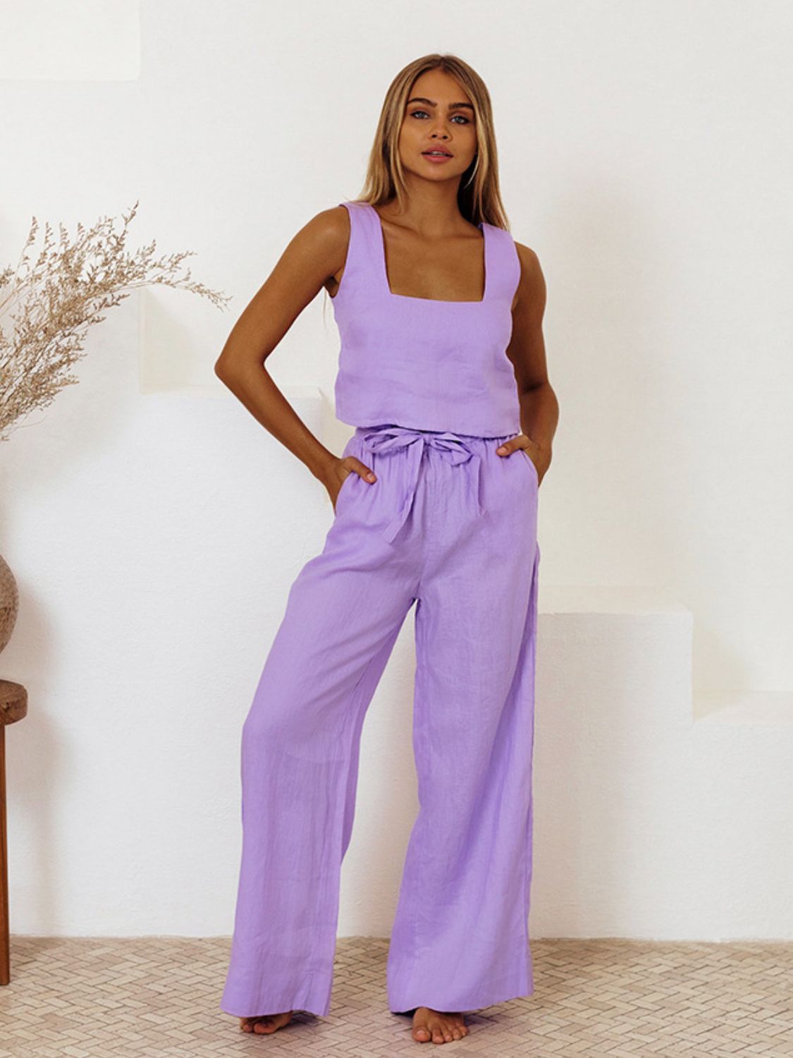 Blue Zone Planet | Square Neck Sleeveless Top and Pants Set-TOPS / DRESSES-[Adult]-[Female]-Lavender-S-2022 Online Blue Zone Planet