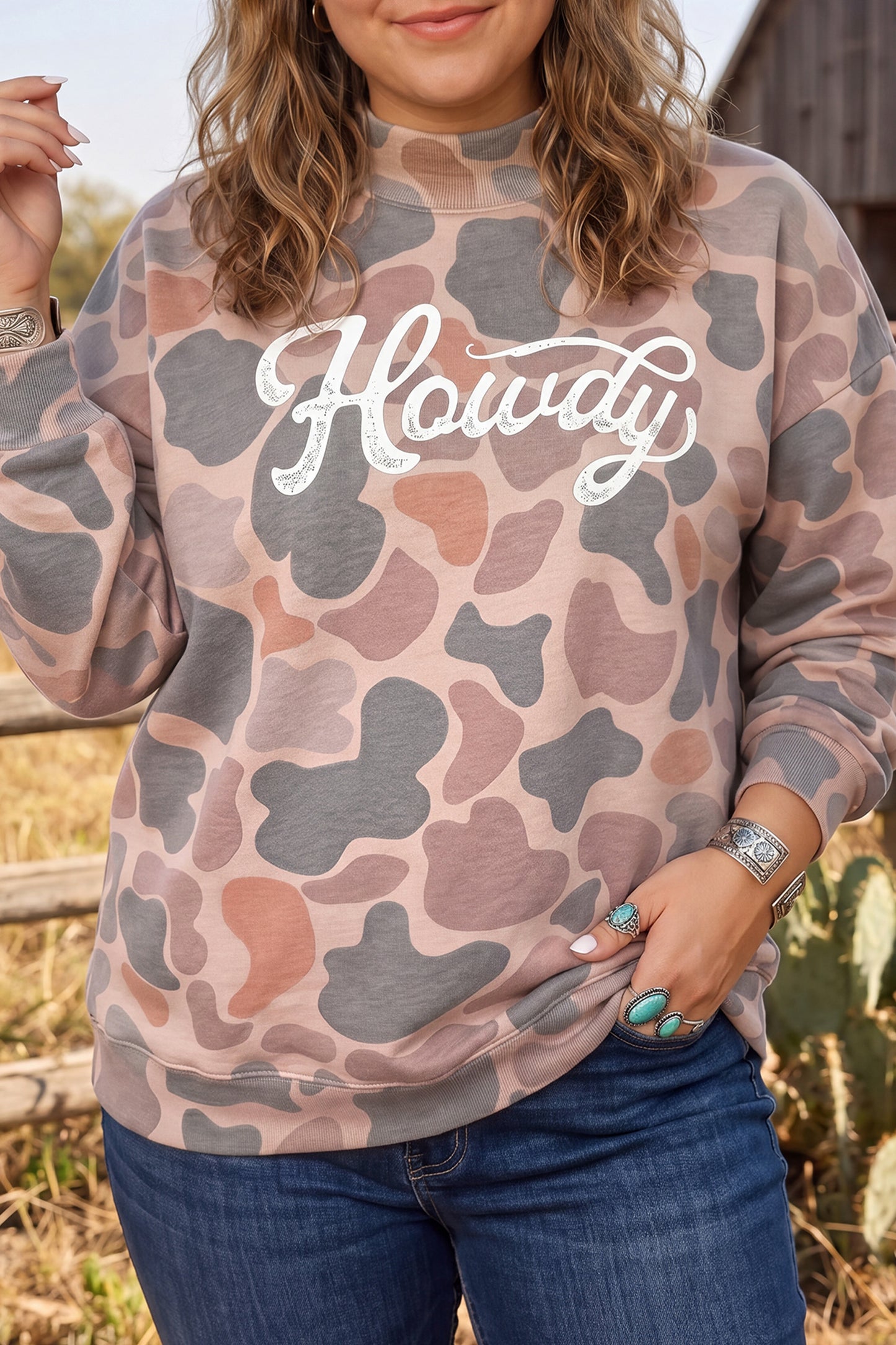 Multicolour Camouflage Western Graphic Plus Size Sweatshirt-Plus Size/Plus Size Sweatshirts & Hoodies-[Adult]-[Female]-2022 Online Blue Zone Planet