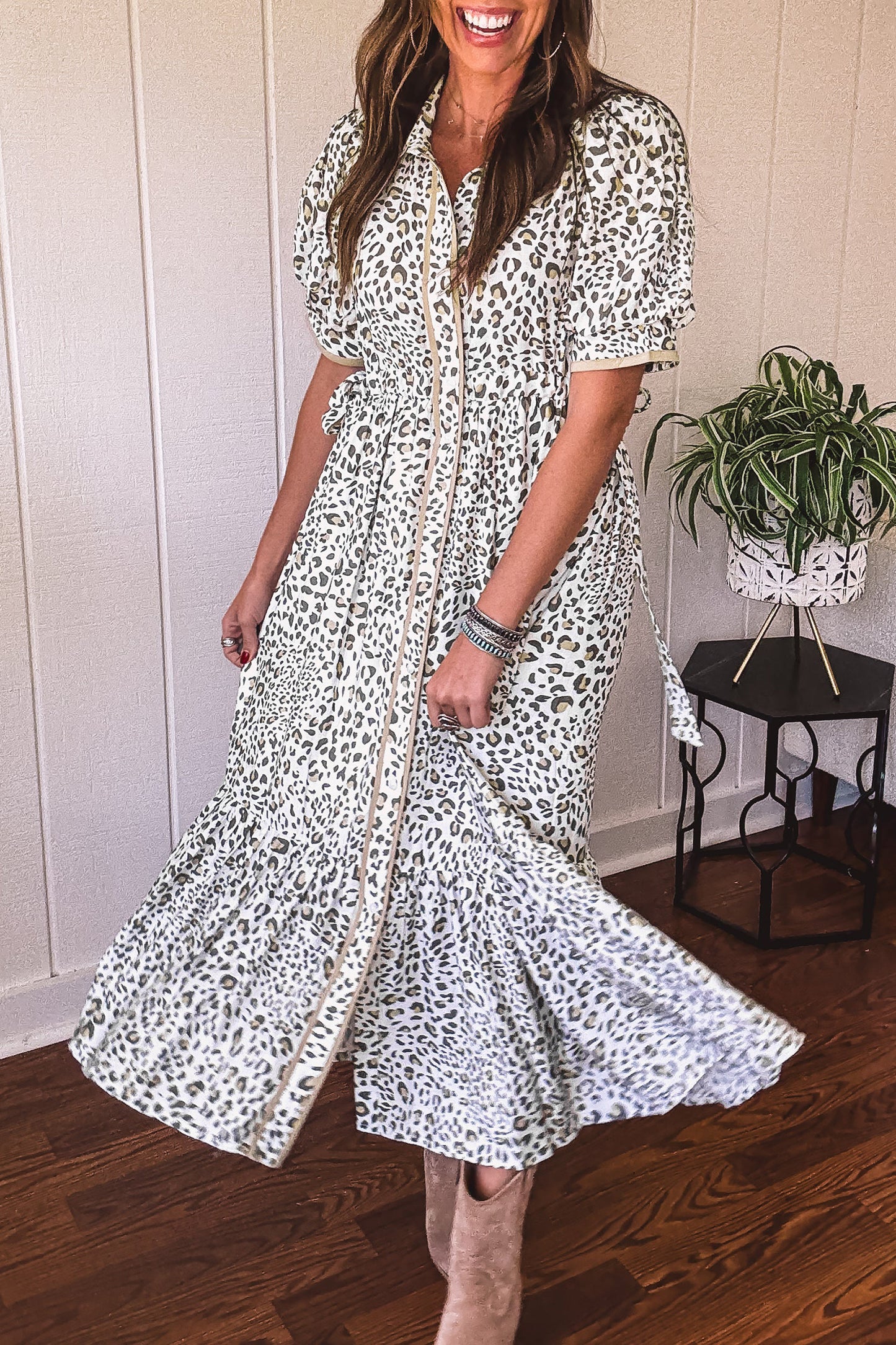 White Leopard Contrast Trim Button Front Short Puff Sleeve Long Dress-Dresses/Midi Dresses-[Adult]-[Female]-2022 Online Blue Zone Planet
