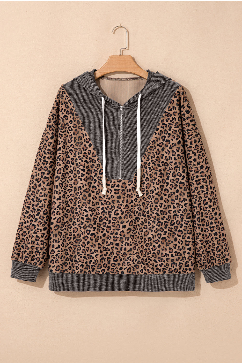 Khaki Ribbed Leopard Print Contrast Collar Zip Hooded Pullover Sweatshirt-Tops / Dresses-[Adult]-[Female]-2022 Online Blue Zone Planet