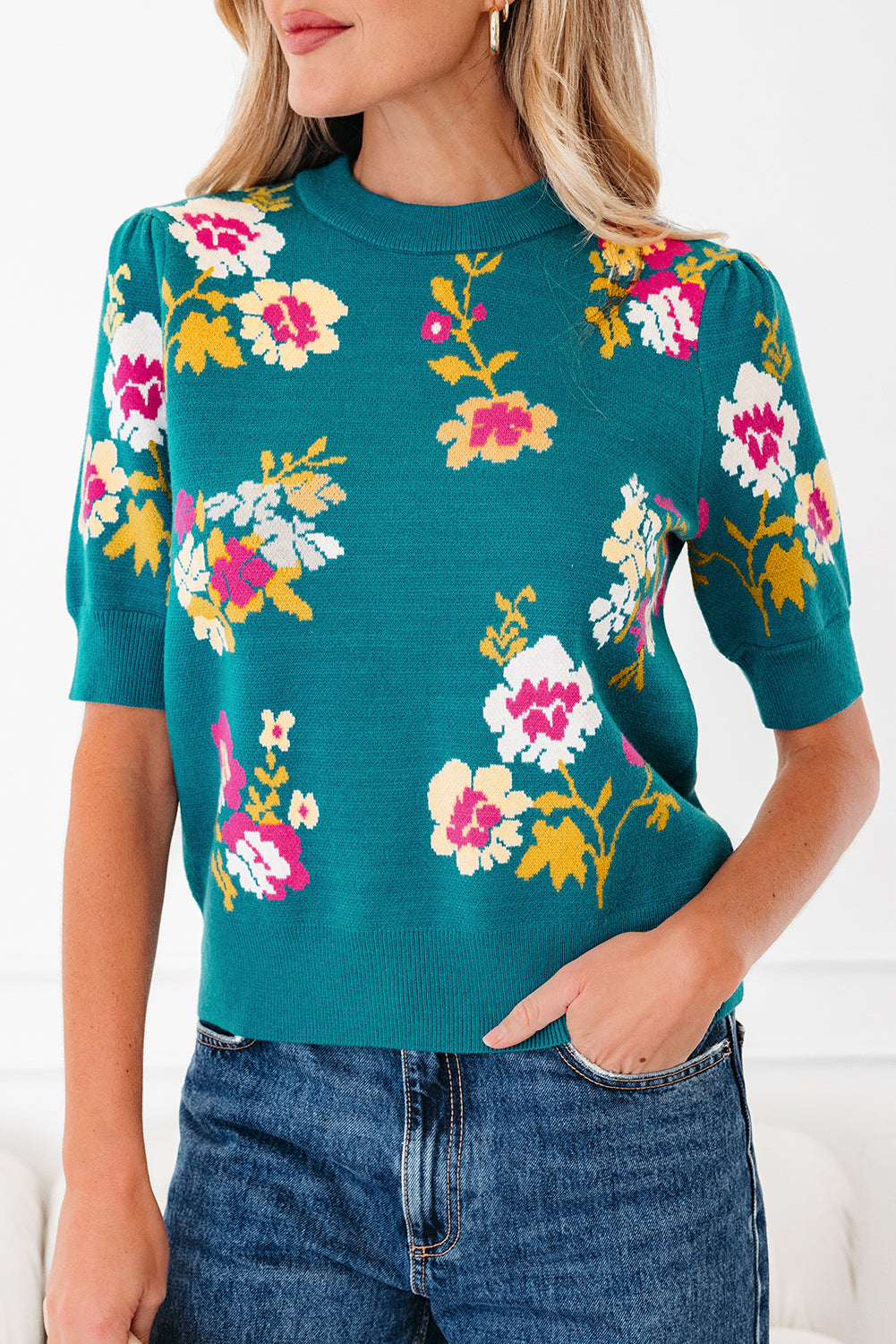 Blue Flower Pattern Mock Neck Short Sleeve Knitted T Shirt-Sweaters & Cardigans/Short Sleeve Sweaters-[Adult]-[Female]-2022 Online Blue Zone Planet