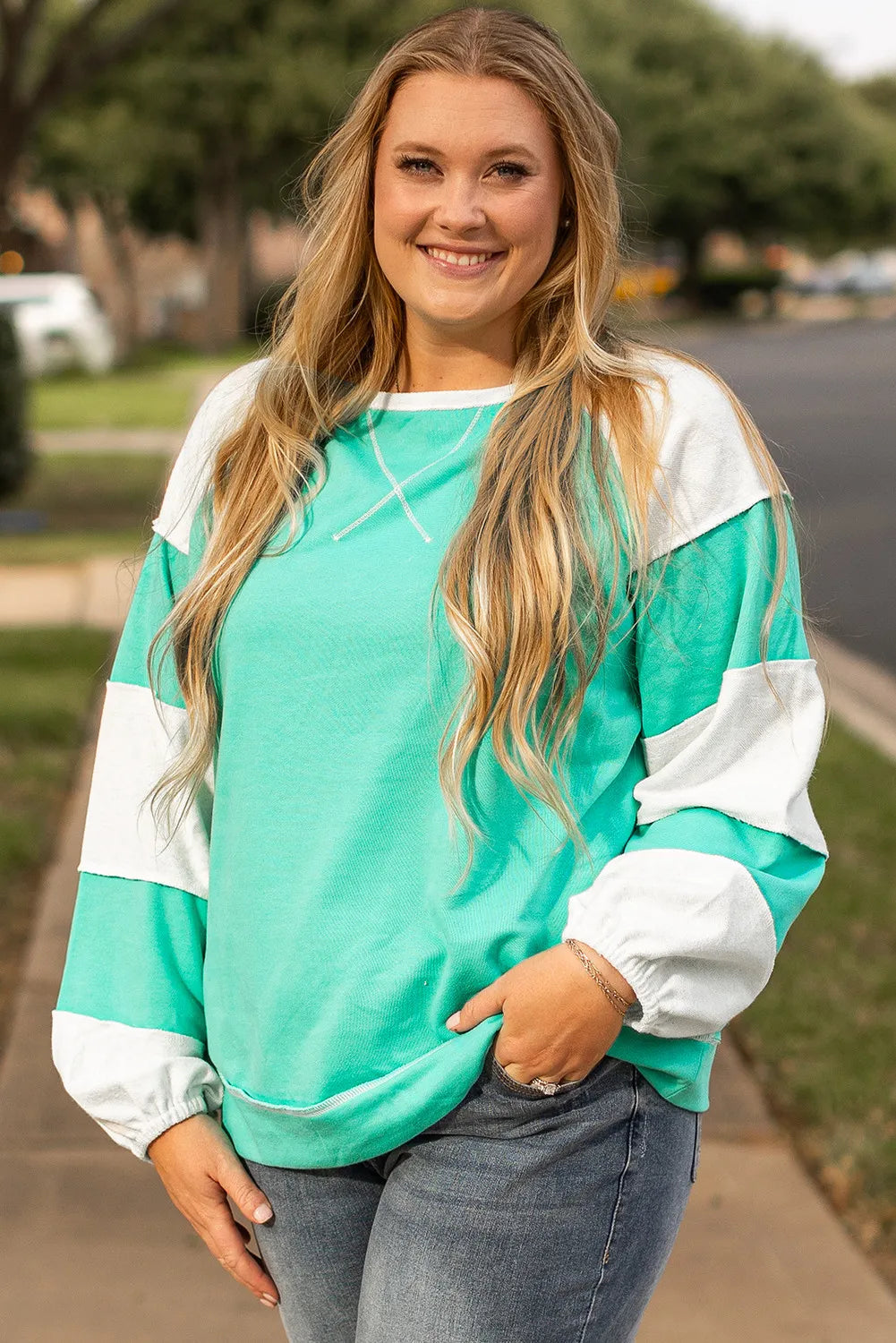 Plus Size Exposed Seam Color Block Long Sleeve Sweatshirt-TOPS / DRESSES-[Adult]-[Female]-2022 Online Blue Zone Planet