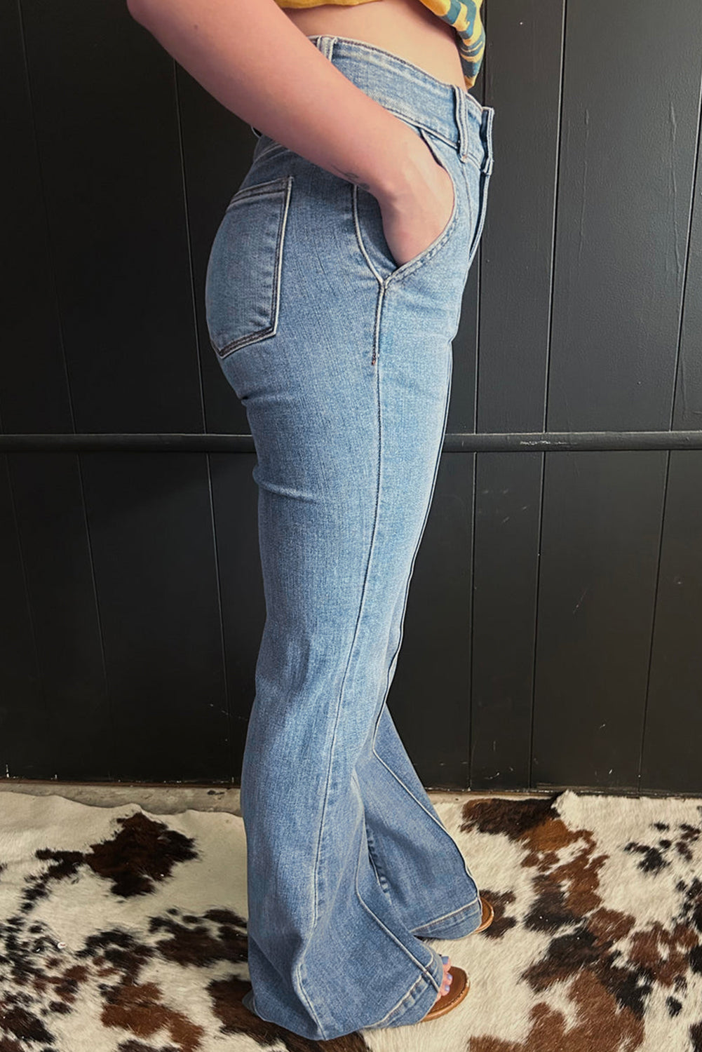 Dusk Blue 2 Button High Waist Piping Trim Bootcut Jeans-Bottoms/Jeans-[Adult]-[Female]-2022 Online Blue Zone Planet