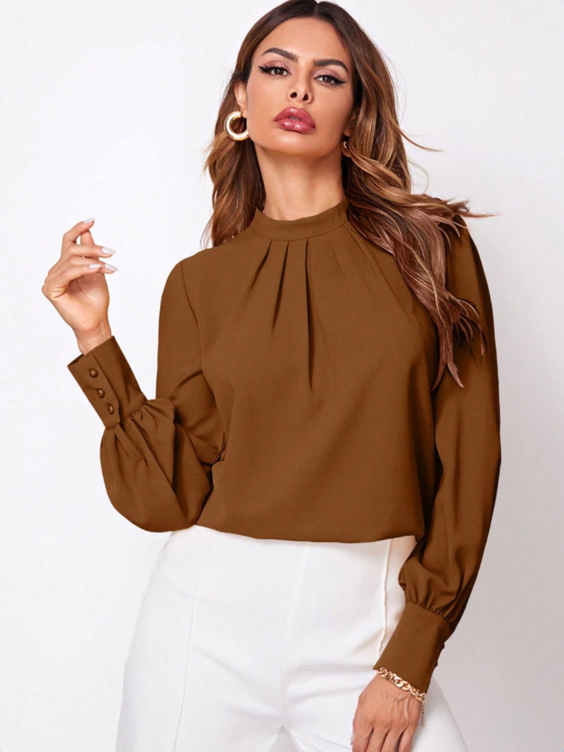 Blue Zone Planet | Ruched Mock Neck Long Sleeve Blouse-TOPS / DRESSES-[Adult]-[Female]-Brown-XS-2022 Online Blue Zone Planet