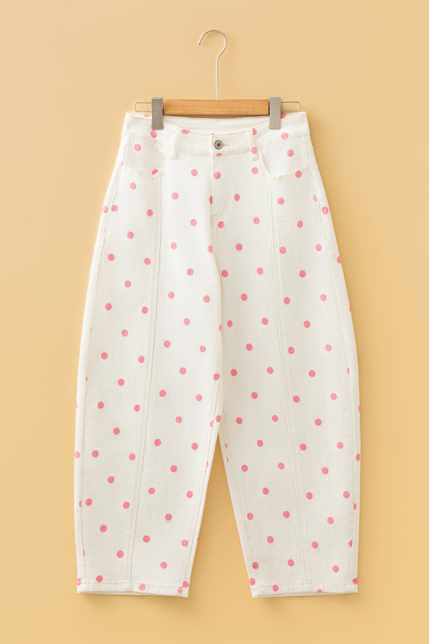 Pink Polka Dot Print Seam Detail Barrel Jeans-Bottoms/Jeans-[Adult]-[Female]-2022 Online Blue Zone Planet