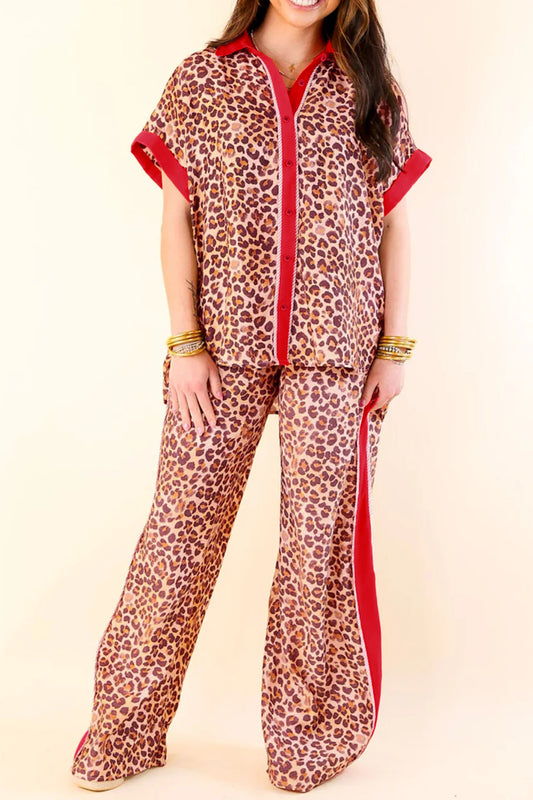 Brown Contrast Trim Leopard Top and Pant Set-Two Piece Sets/Pant Sets-[Adult]-[Female]-Brown1-S-2022 Online Blue Zone Planet