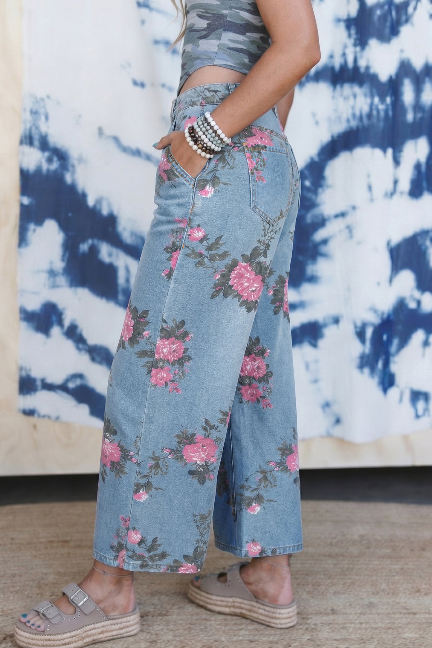 Sky Blue Garden Floral Print Bootcut Jeans-Bottoms/Jeans-[Adult]-[Female]-2022 Online Blue Zone Planet