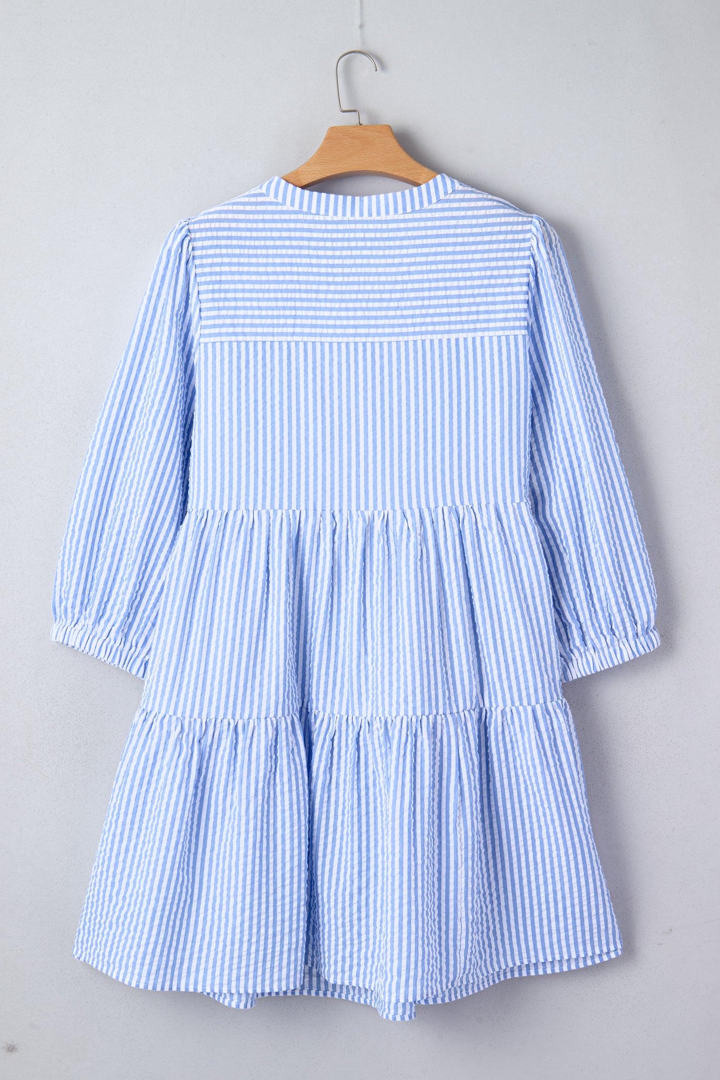 Sky Blue Stripe Seersucker Textured Notched Neck Long Puff Sleeve Tiered Curvy Dress-TOPS / DRESSES-[Adult]-[Female]-2022 Online Blue Zone Planet
