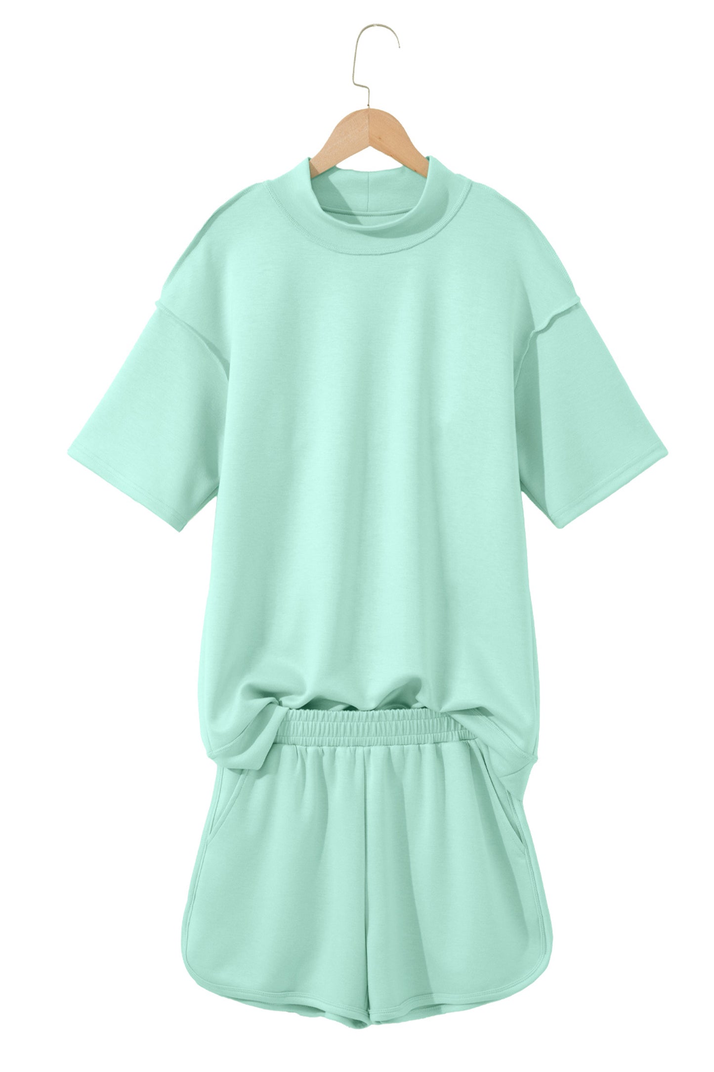 Light Pink Solid Color Exposed Seam Mock Neck Oversize Tee Casual Shorts 2pcs Outfit-Two Piece Sets/Short Sets-[Adult]-[Female]-2022 Online Blue Zone Planet