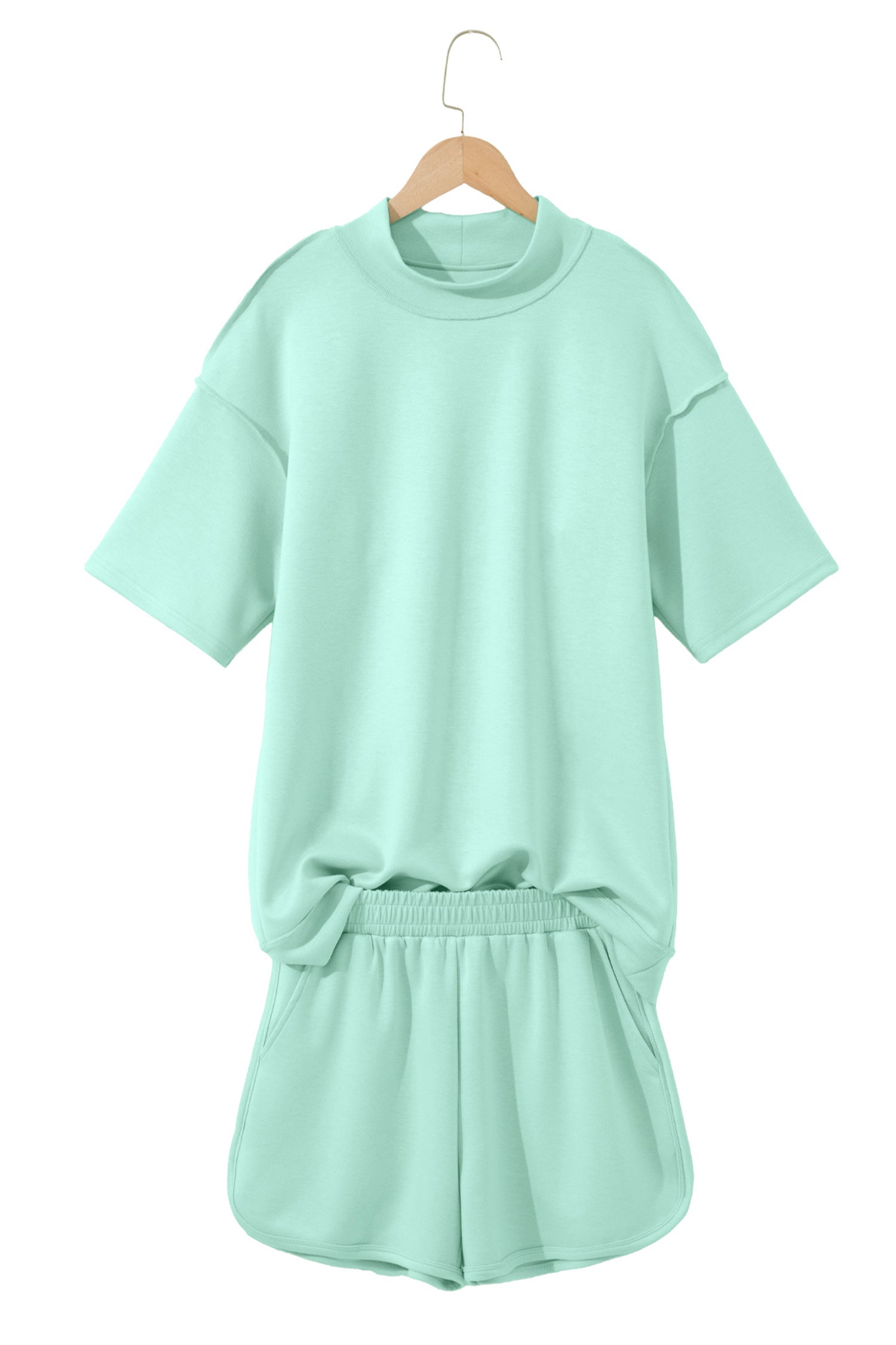 Light Pink Solid Color Exposed Seam Mock Neck Oversize Tee Casual Shorts 2pcs Outfit-Two Piece Sets/Short Sets-[Adult]-[Female]-2022 Online Blue Zone Planet